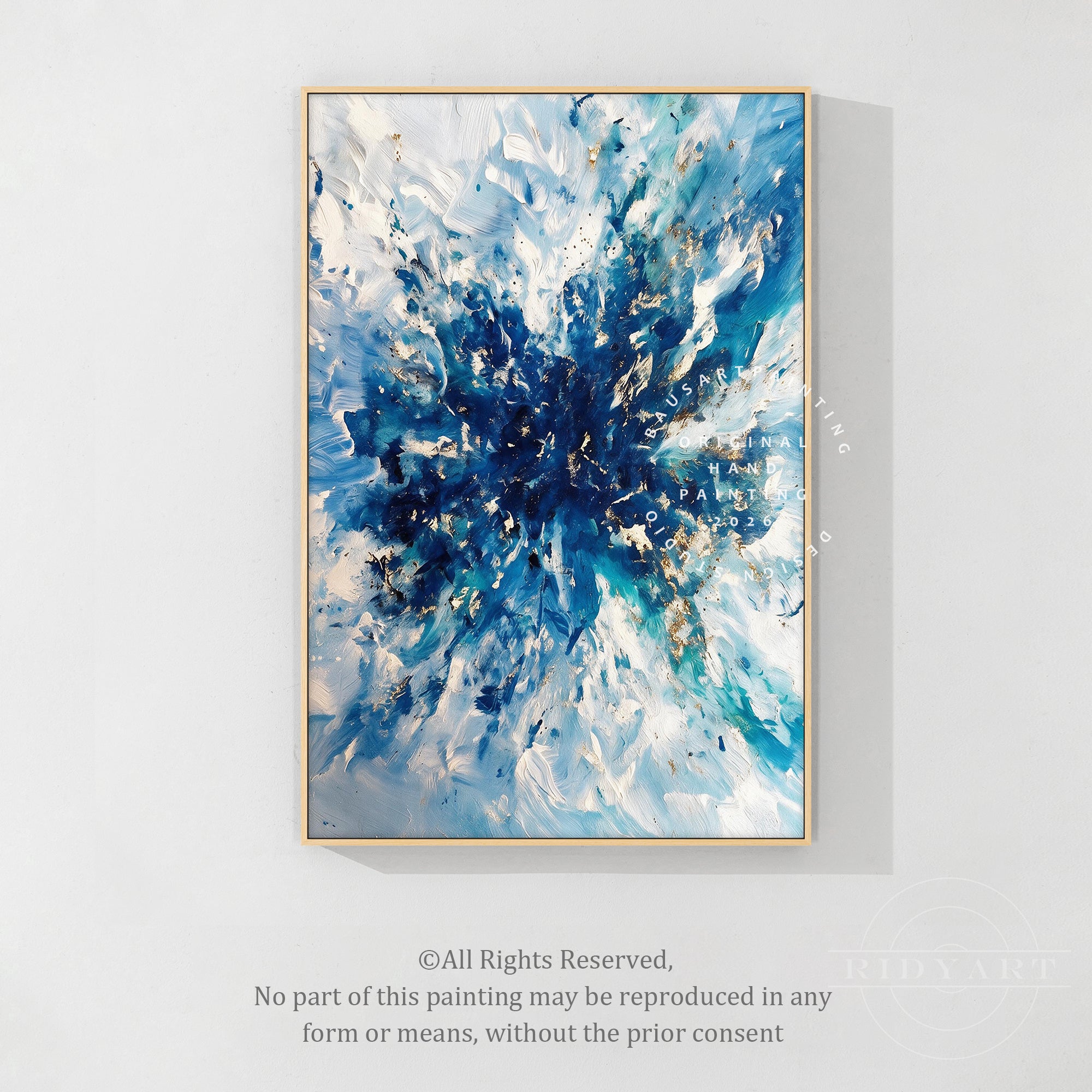 Luxury textured wall painting in blue white and gold for living room decor