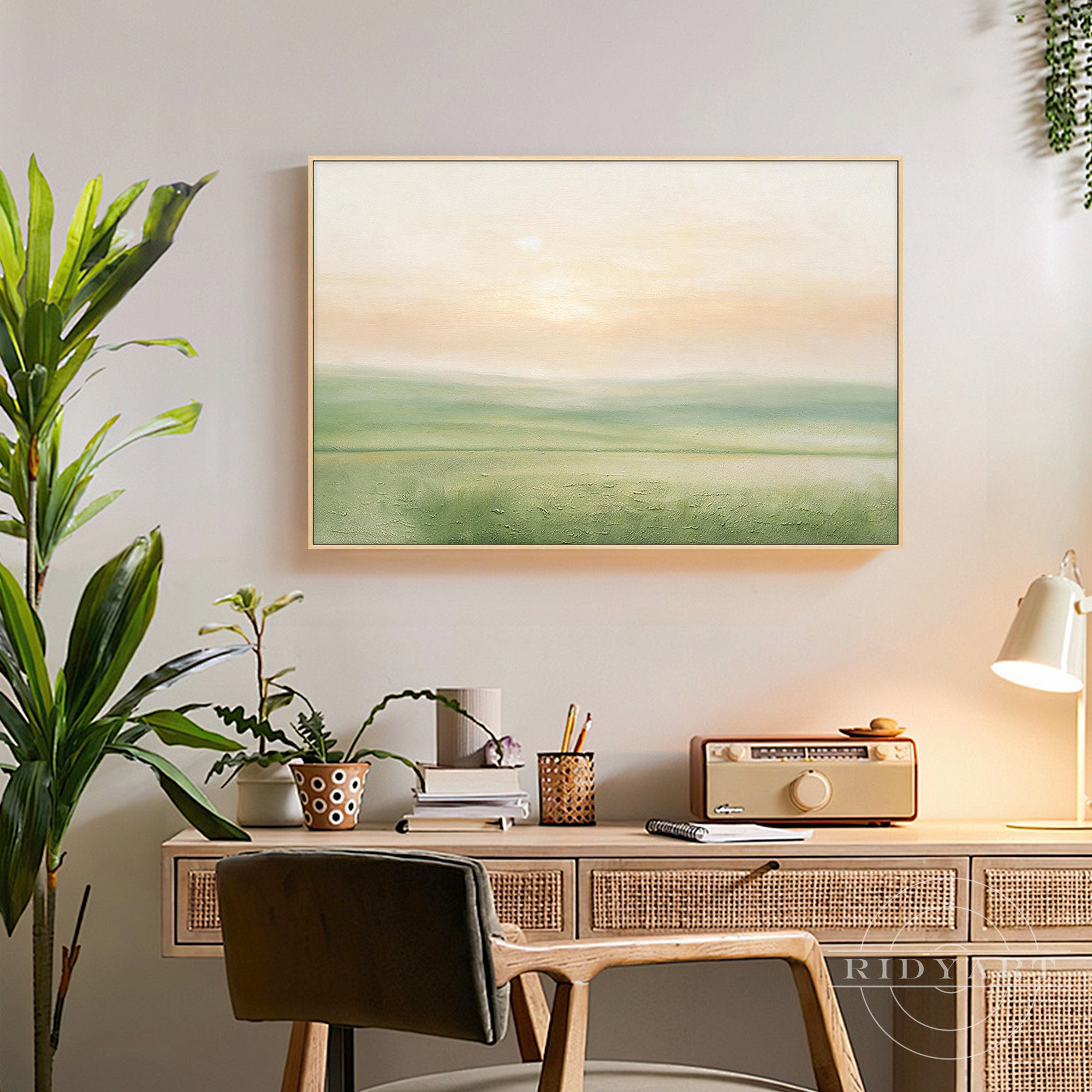 Abstract nature landscape painting featuring green horizon and beige tones for modern home decor