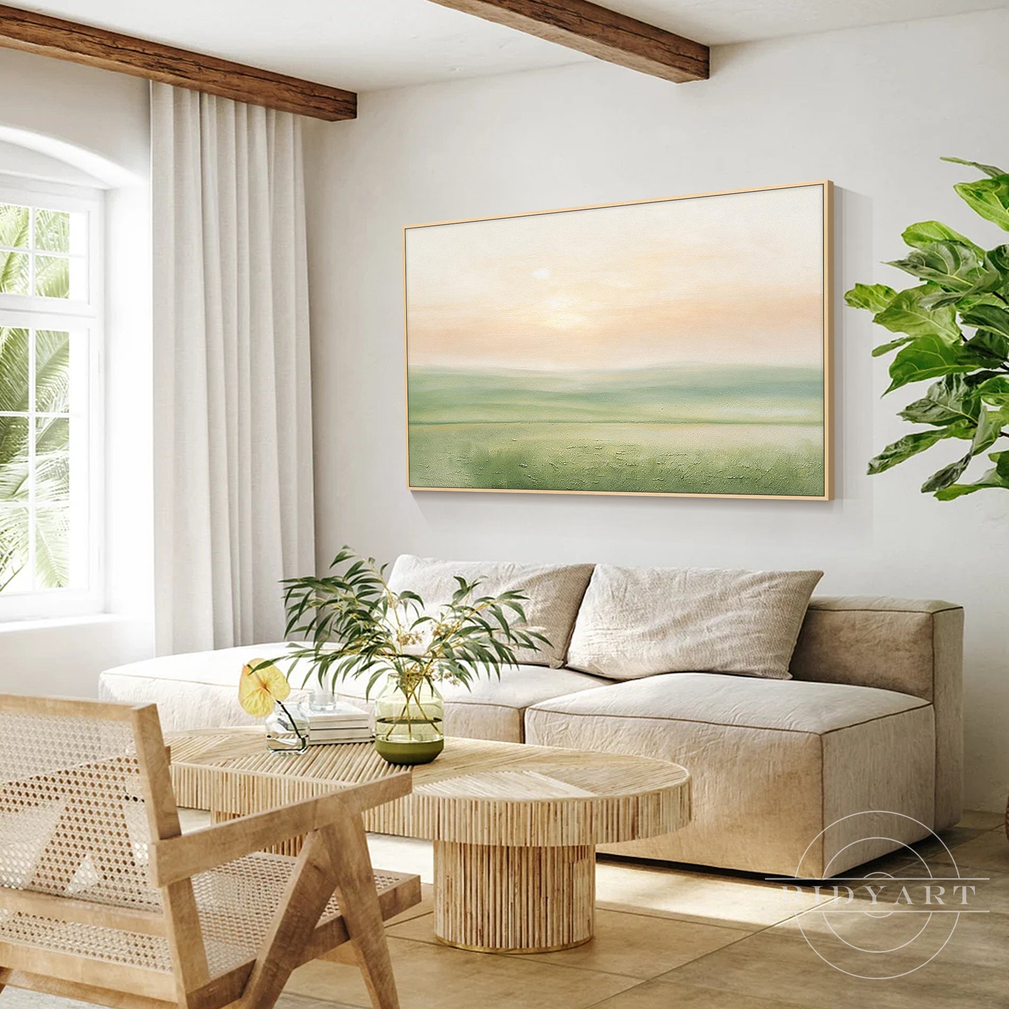Neutral abstract landscape painting inspired by peaceful nature scenery