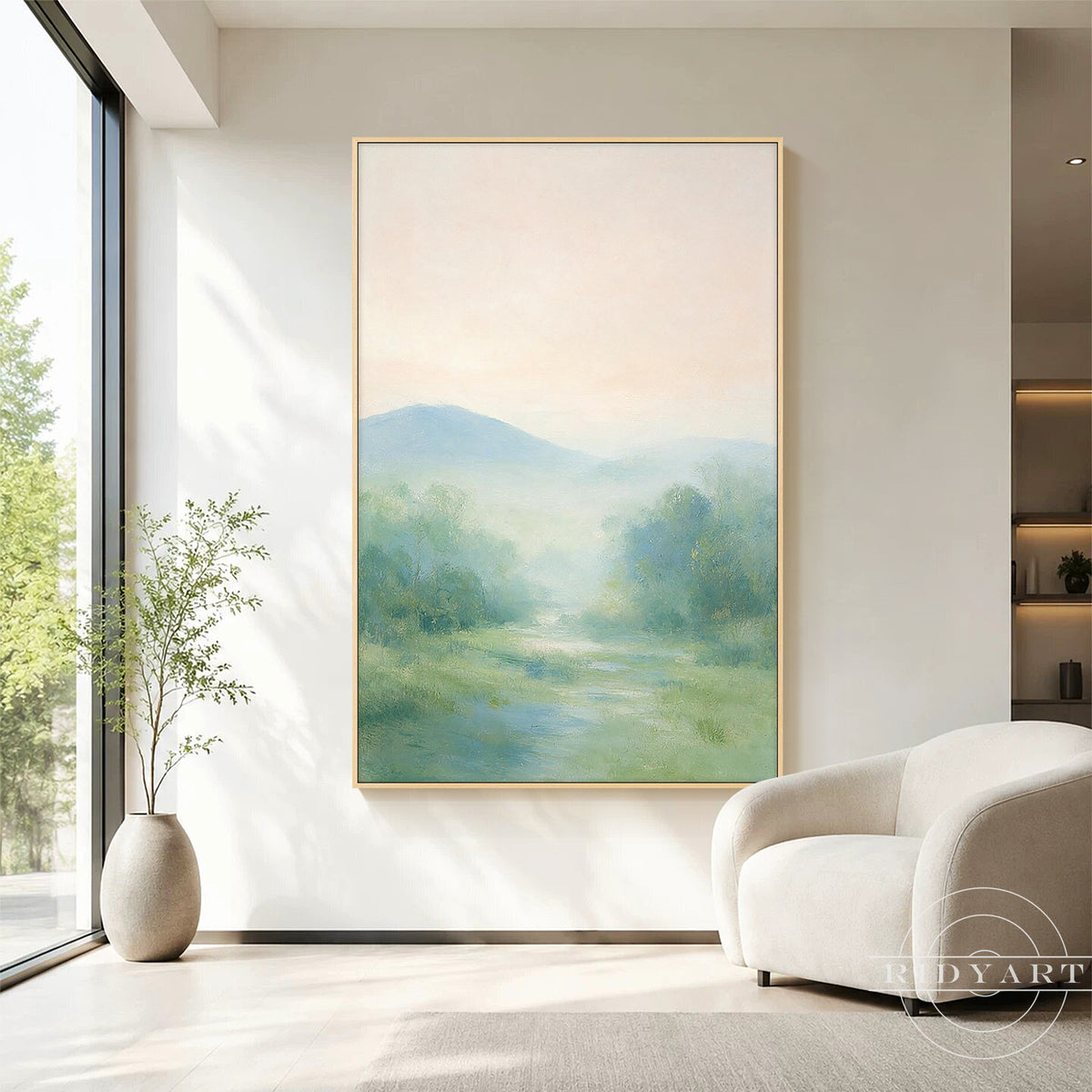 Upper part of the painting showing a smooth blush pink sky fading into pale blue misty hills.