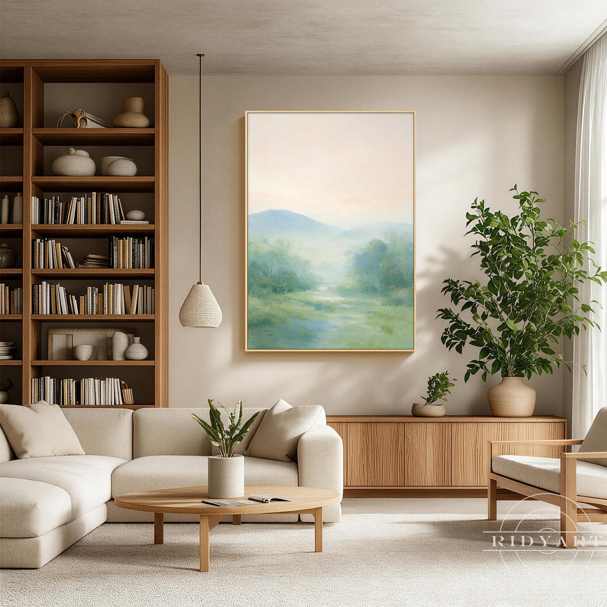 Large vertical misty landscape painting hanging above a sofa in a bright, neutral living room.