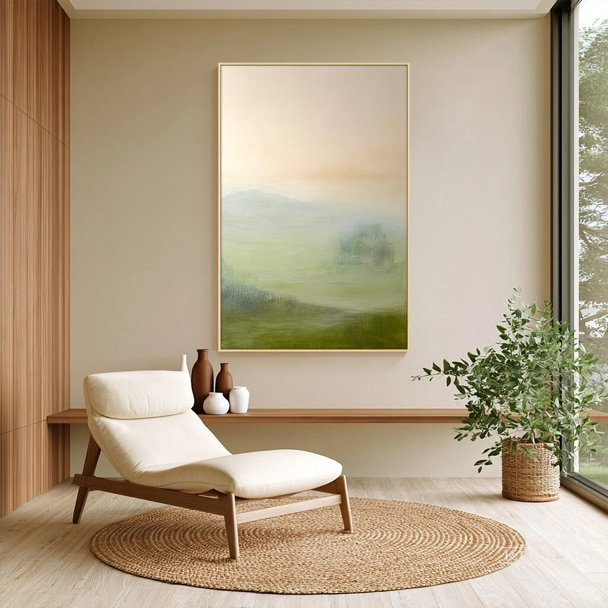 Calm vertical landscape painting featuring rolling hills and soft morning light