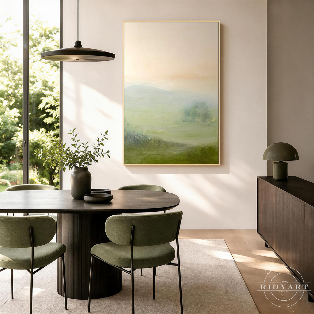 Serene nature-inspired painting of distant hills fading into soft sunrise haze