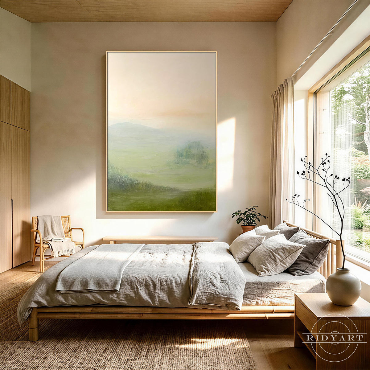 RIDYART framed landscape artwork showing peaceful green hills and warm sky glow