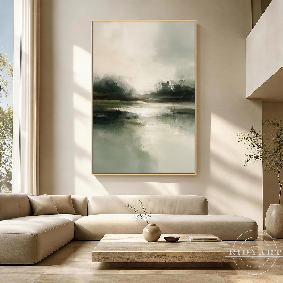 Misty abstract landscape painting with layered green and neutral brushstrokes