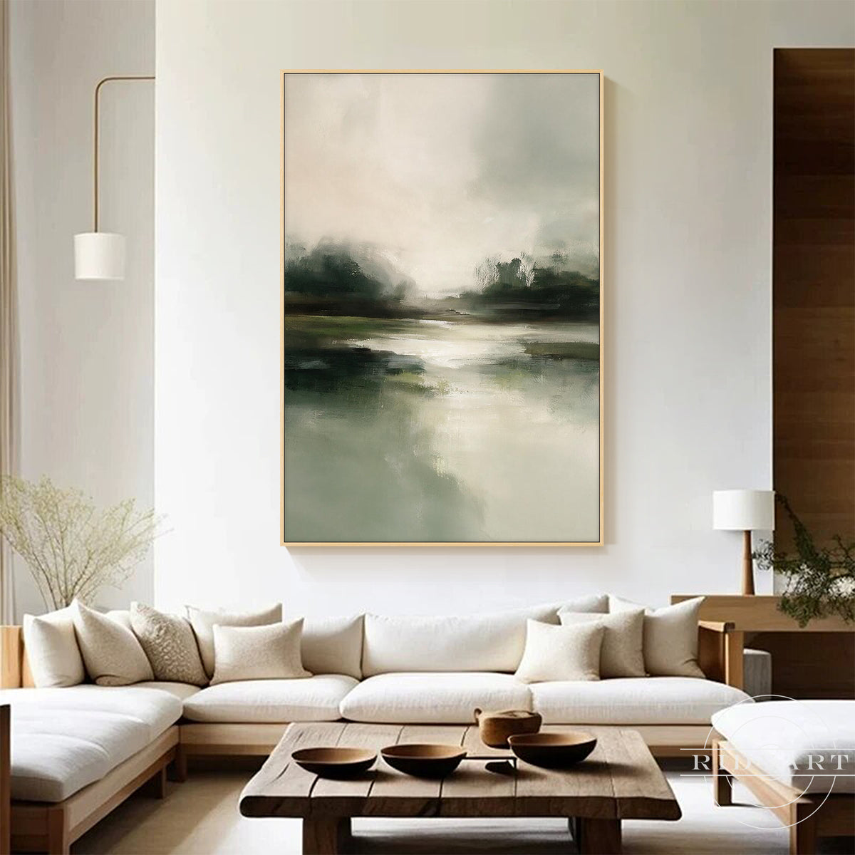 Close-up of an abstract landscape painting with blended brushstrokes and soft color transitions
