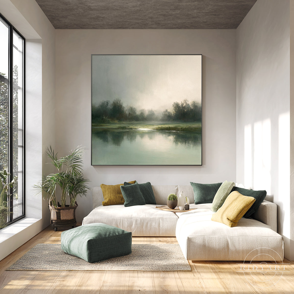 Large moody forest lake canvas wall art with quiet water reflection displayed above a wooden credenza in an organic living room setup.