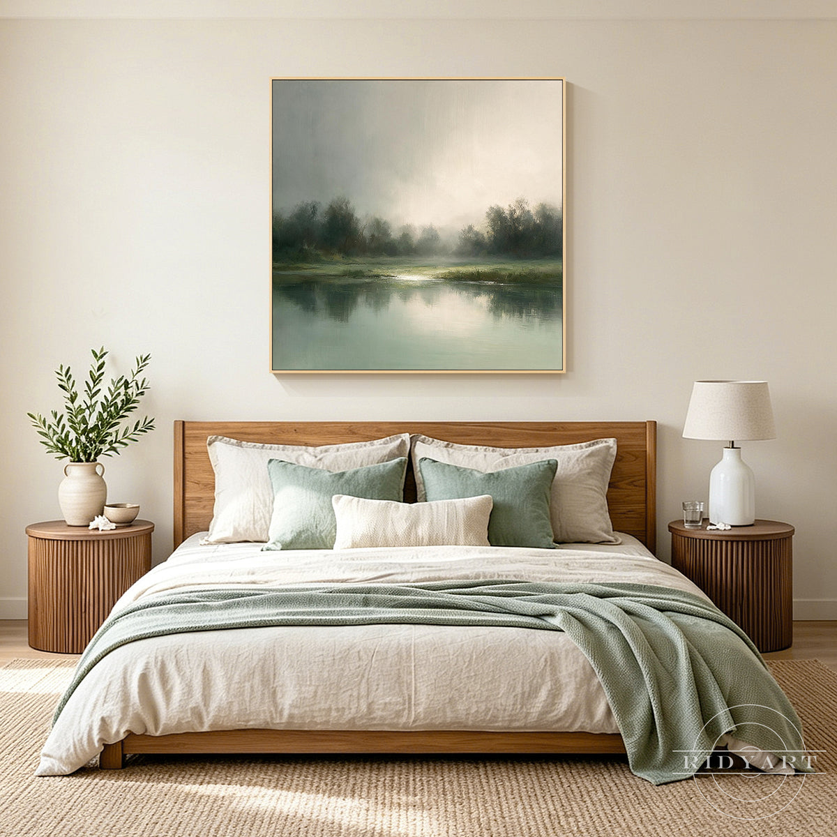Framed square atmospheric nature oil painting bringing serene olive green tones above a light wood console table in a Japandi living room.