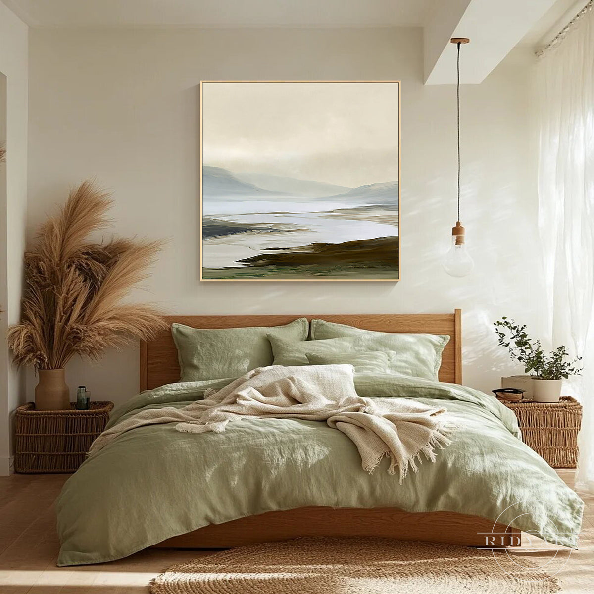 Square hand painted horizon landscape painting creating a quiet spacious entryway focal point along a bright clean gallery hallway wall.
