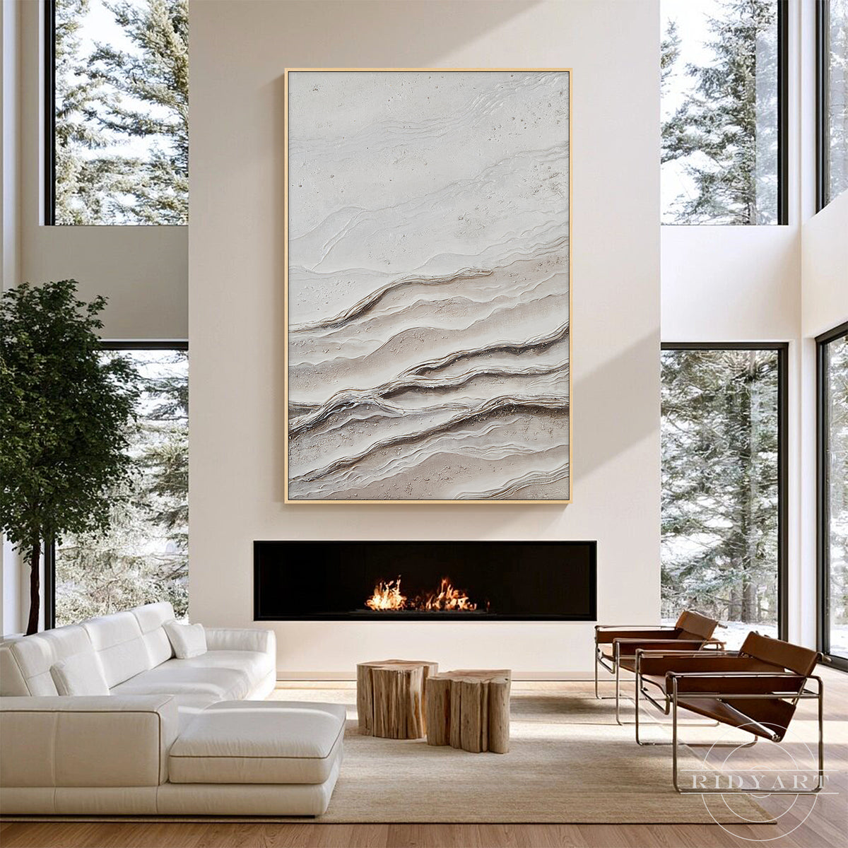 Neutral textured abstract painting with flowing taupe and brown organic lines