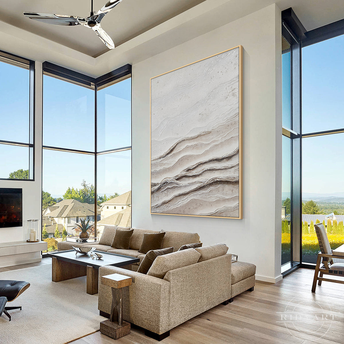 Original hand-painted abstract wall art in ivory, warm white, beige and soft gray