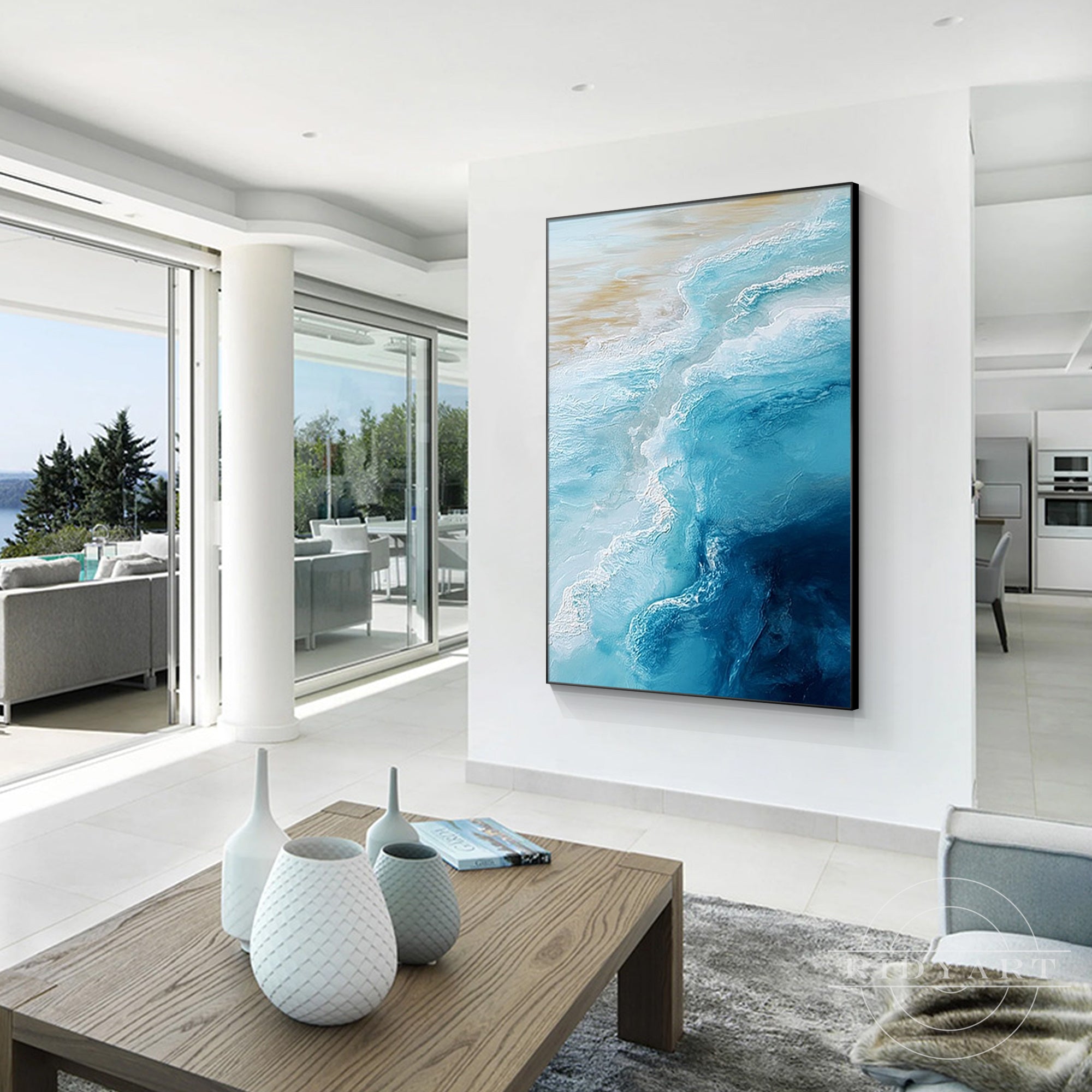 Large modern ocean wall art with blue and white coastal colors