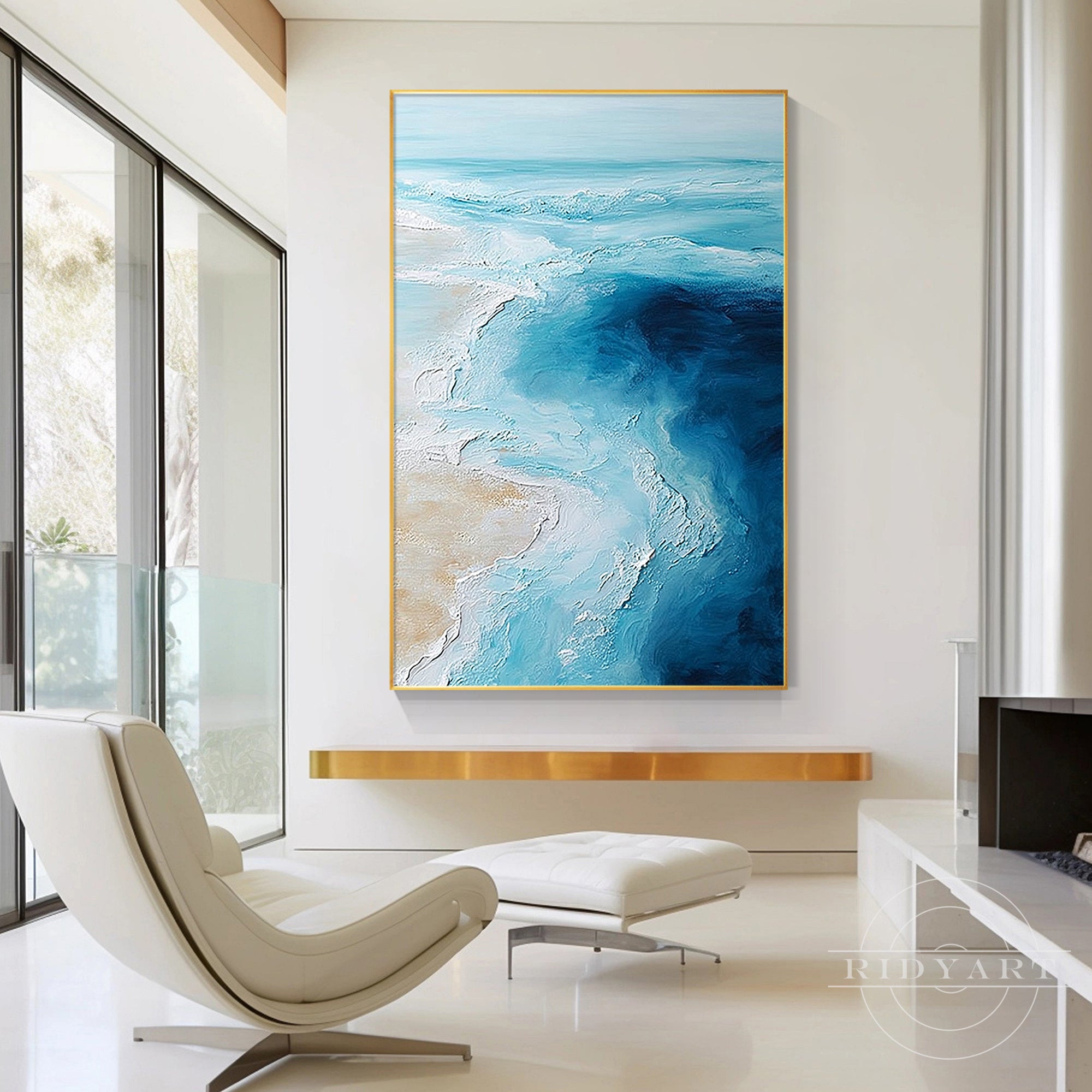 Modern blue seascape wall art featuring ocean waves and abstract texture