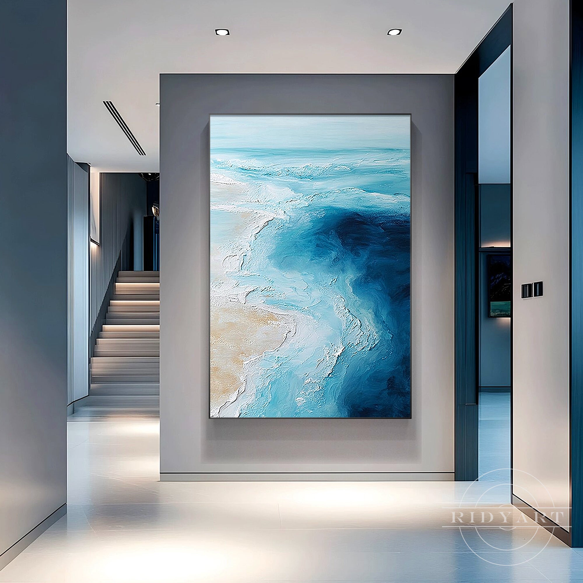 Abstract coastal painting with layered ocean textures for modern home decor
