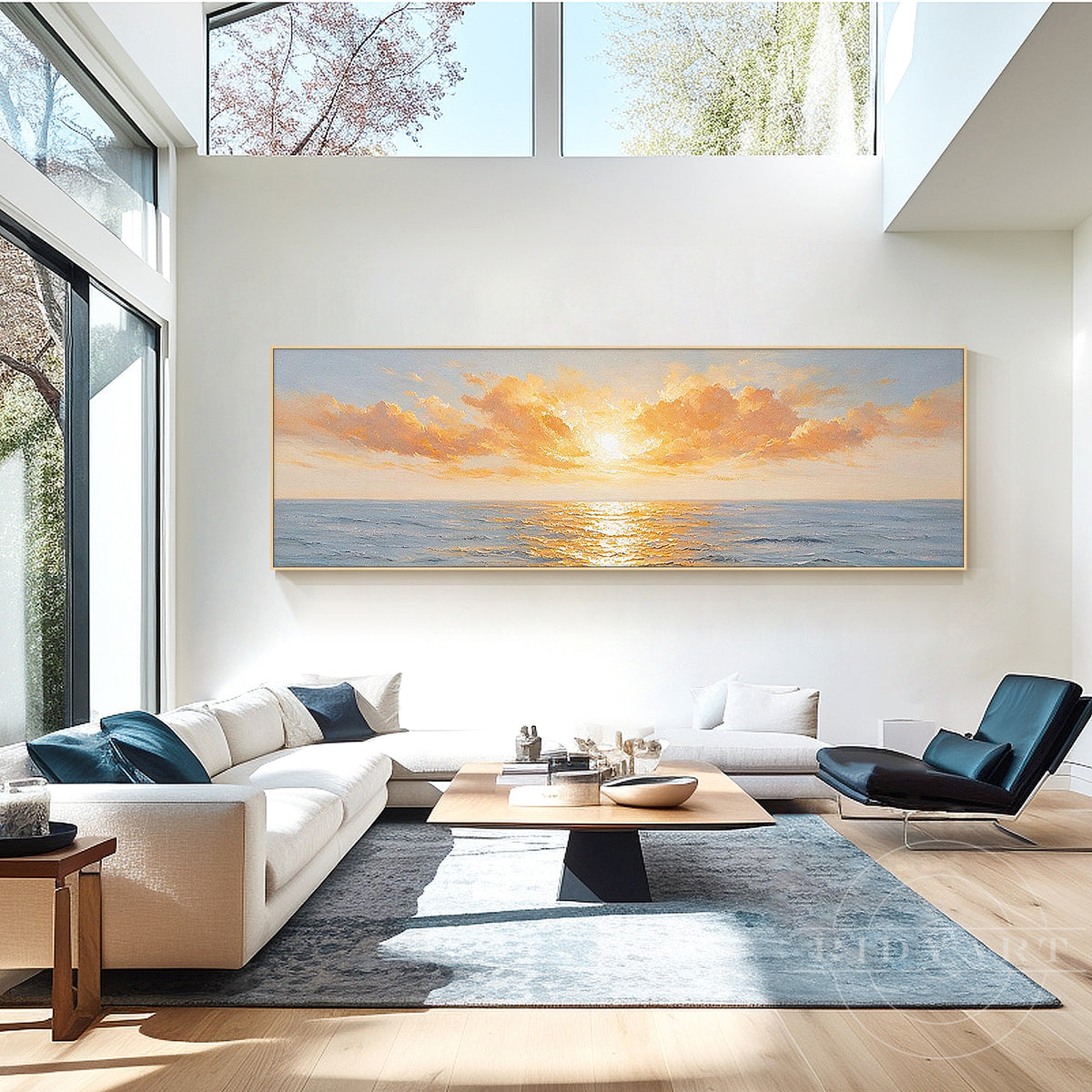 Textured canvas seascape painting featuring ocean horizon and sunlight