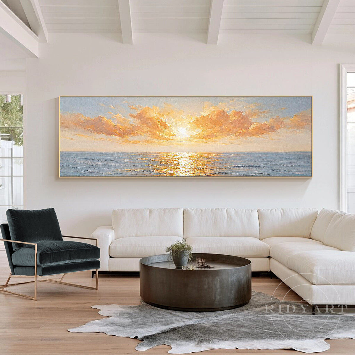 Modern coastal wall art with warm golden sunset tones