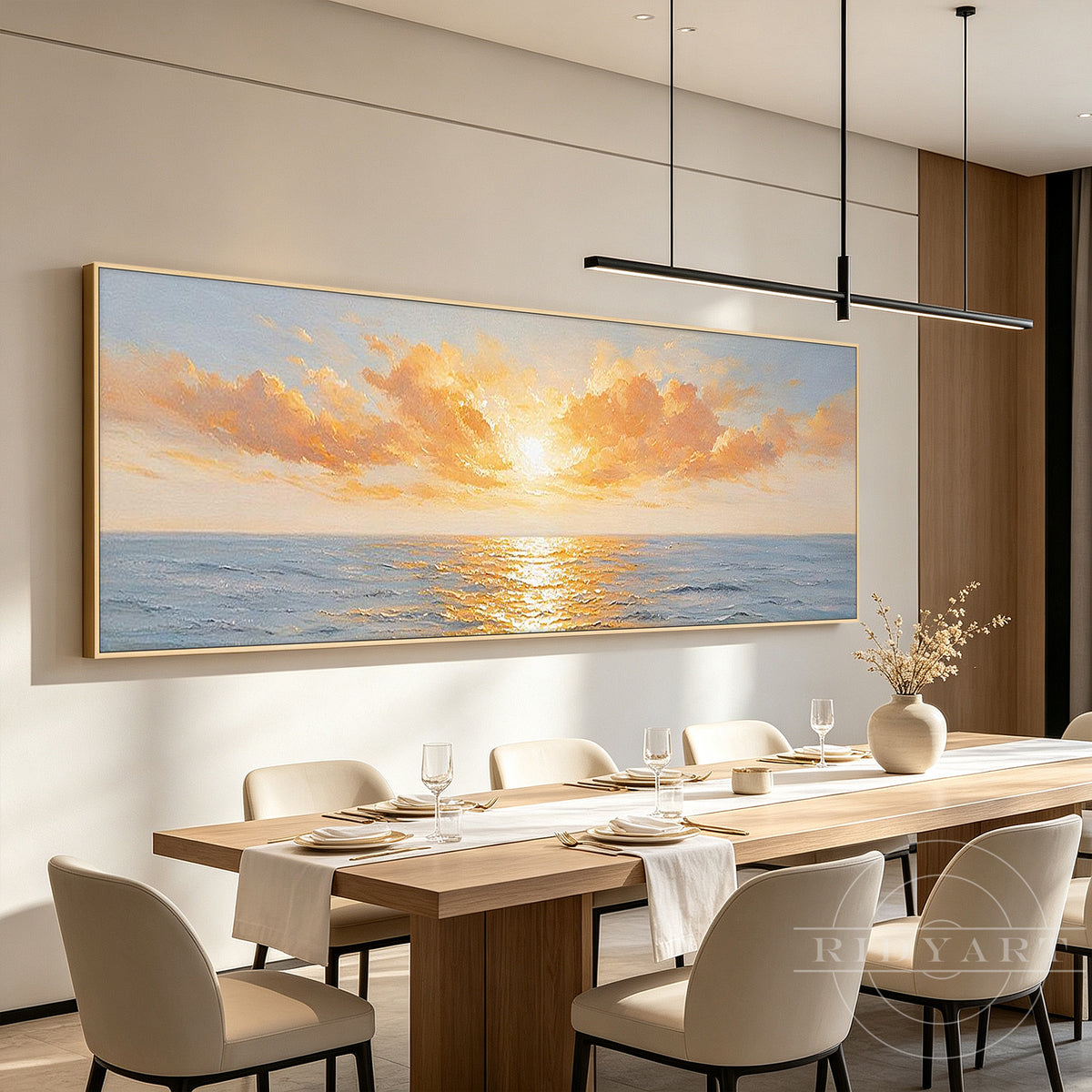 Handmade panoramic ocean landscape painting with layered texture details