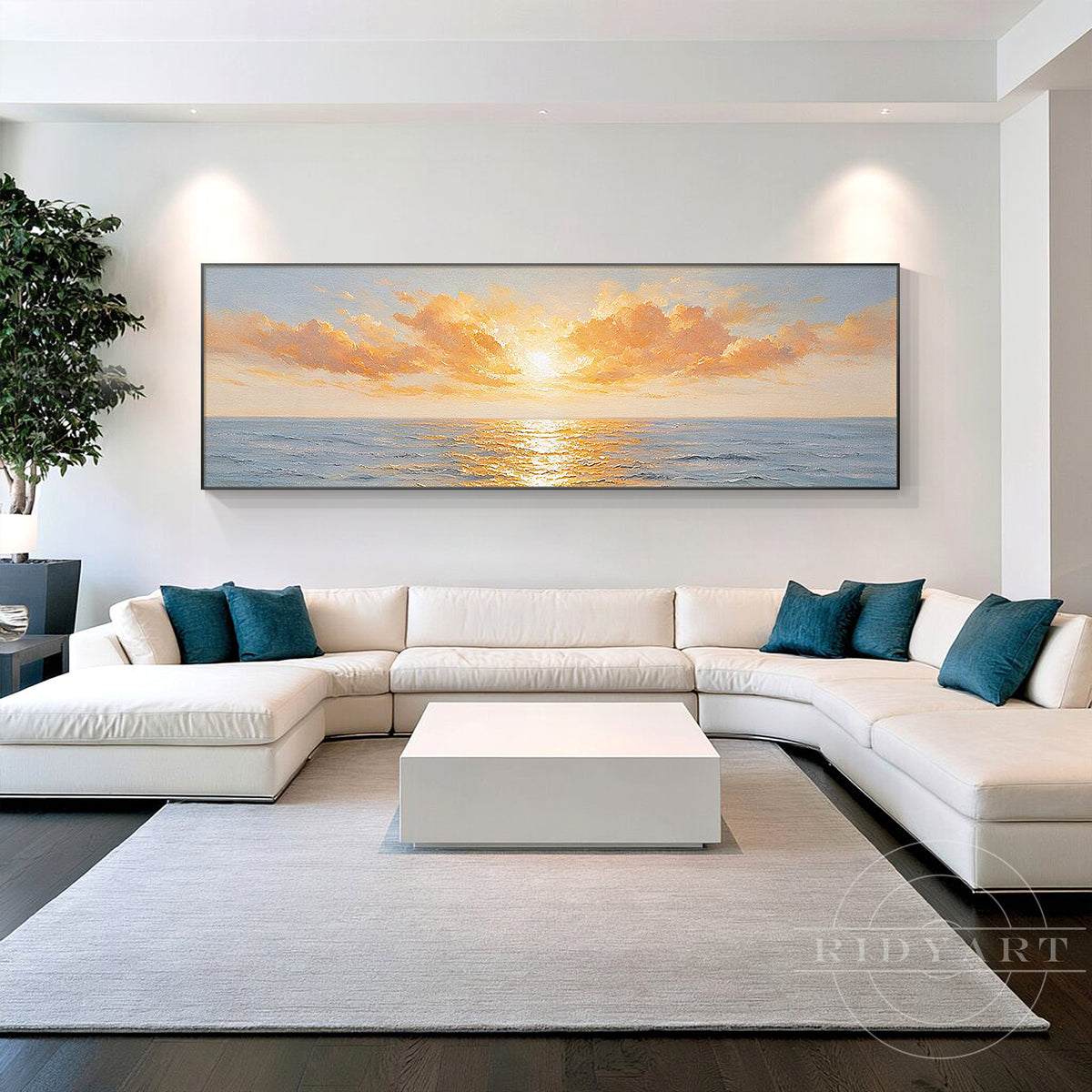 Hand-painted coastal seascape painting with golden sky and blue waves