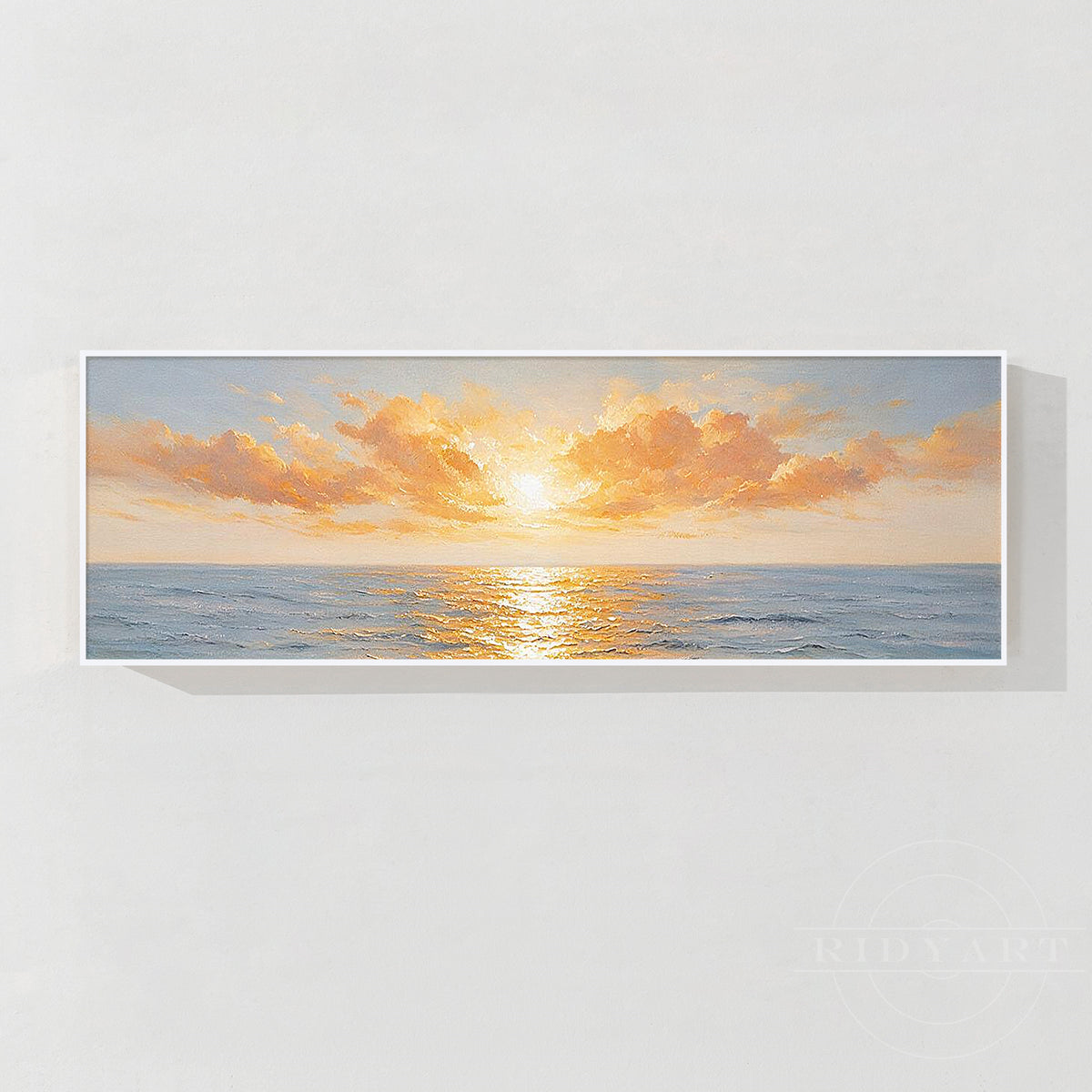 Golden sunset ocean wall art with panoramic 22x66 inch canvas design