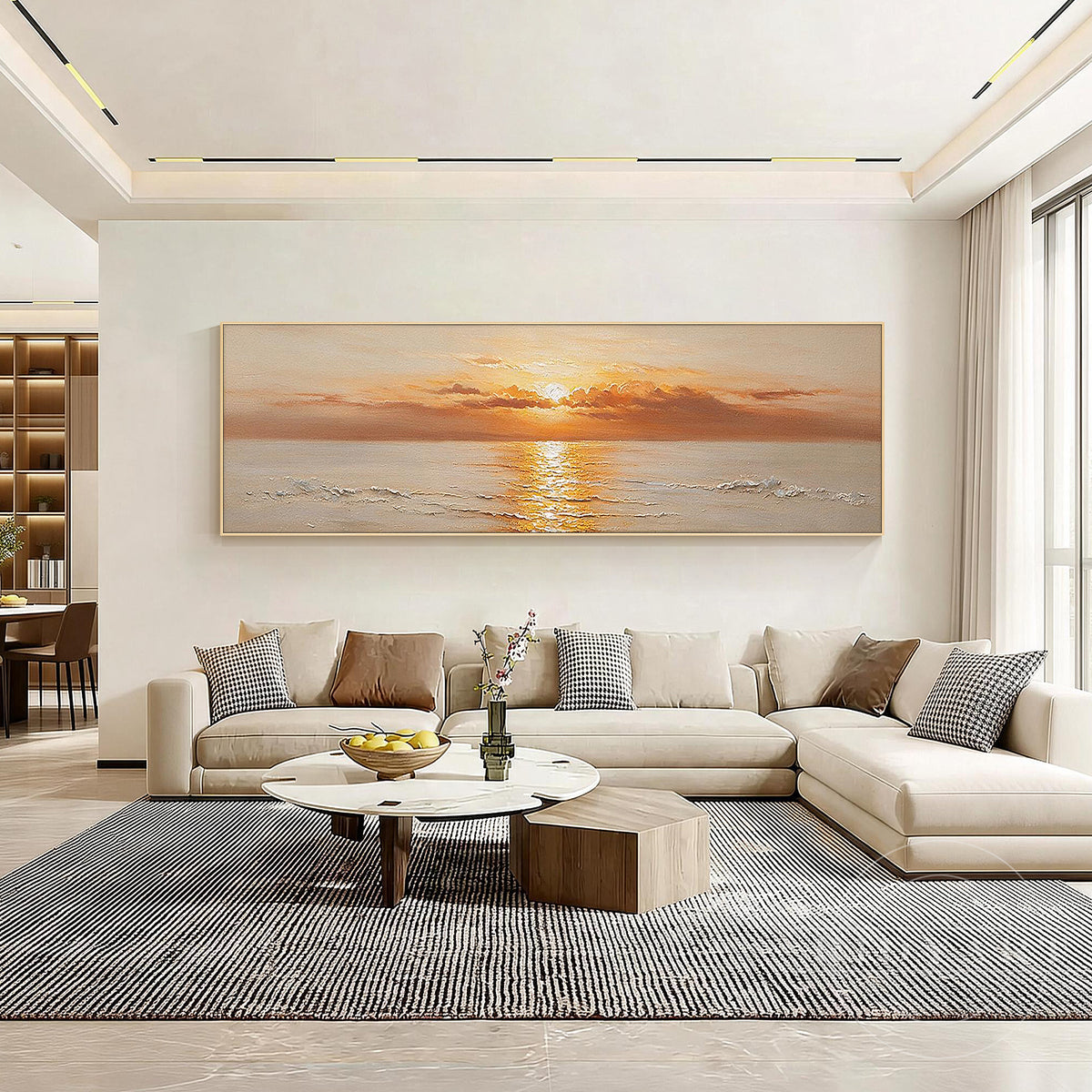 Framed golden ocean wave sunset wall decor hanging above a bed headboard in a minimalist bedroom.