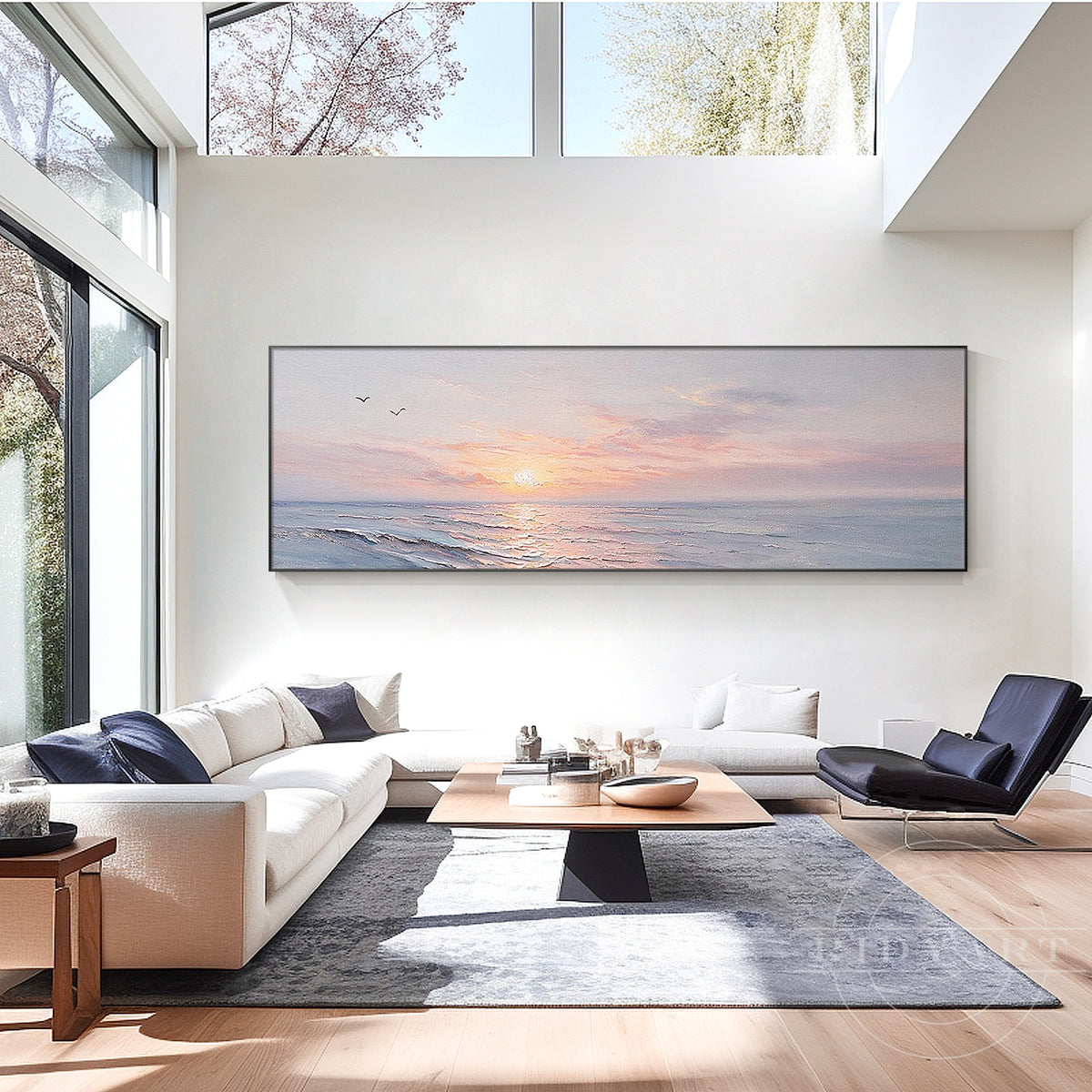 Detail shot of golden sun reflection on sea water with flying birds wall art