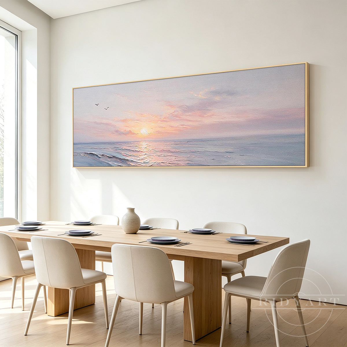 Side view of gallery-wrapped ocean canvas artwork showing durable wood frame