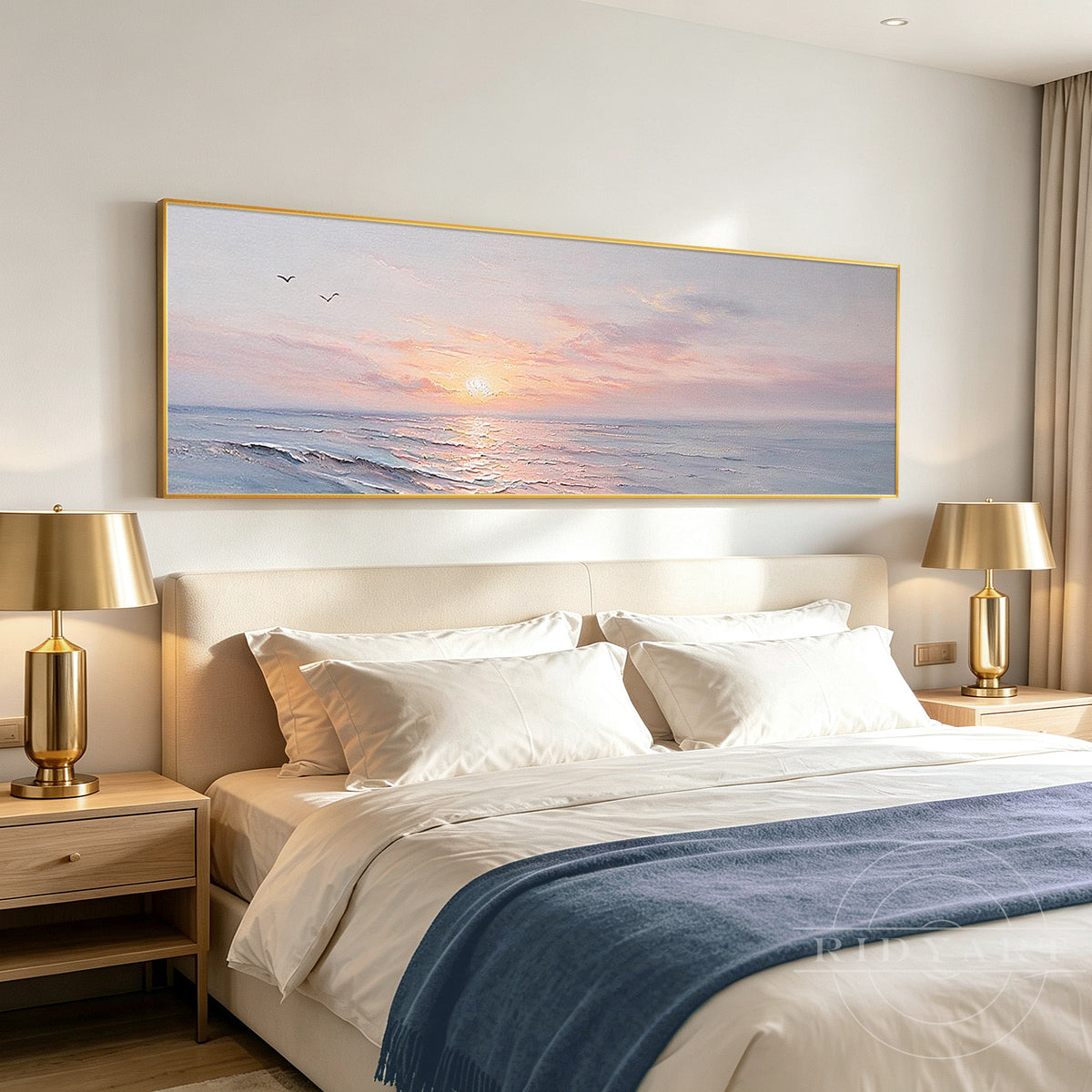 Large horizontal beach seascape canvas wall decor hanging above modern living room sofa