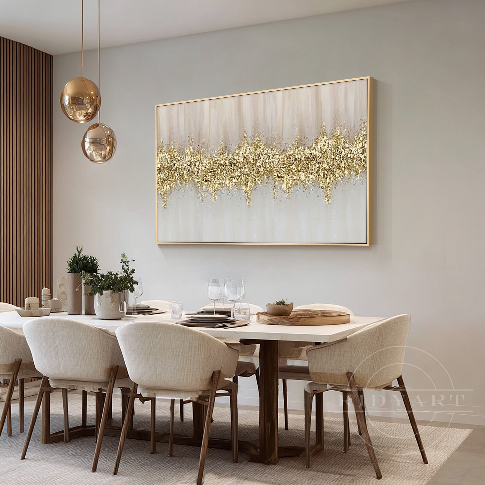 Contemporary abstract oil painting with gold tones on canvas