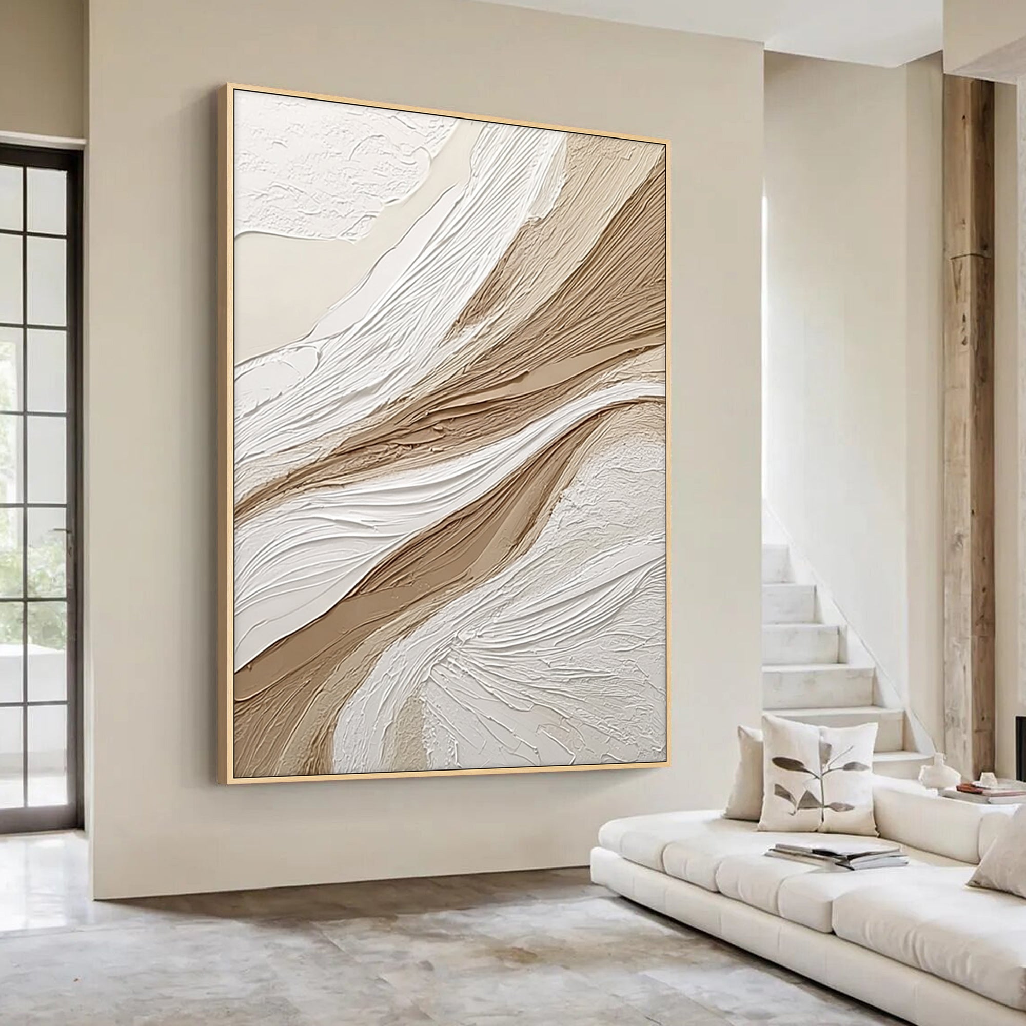 abstract texture wall art extra-large beige brown painting in living room