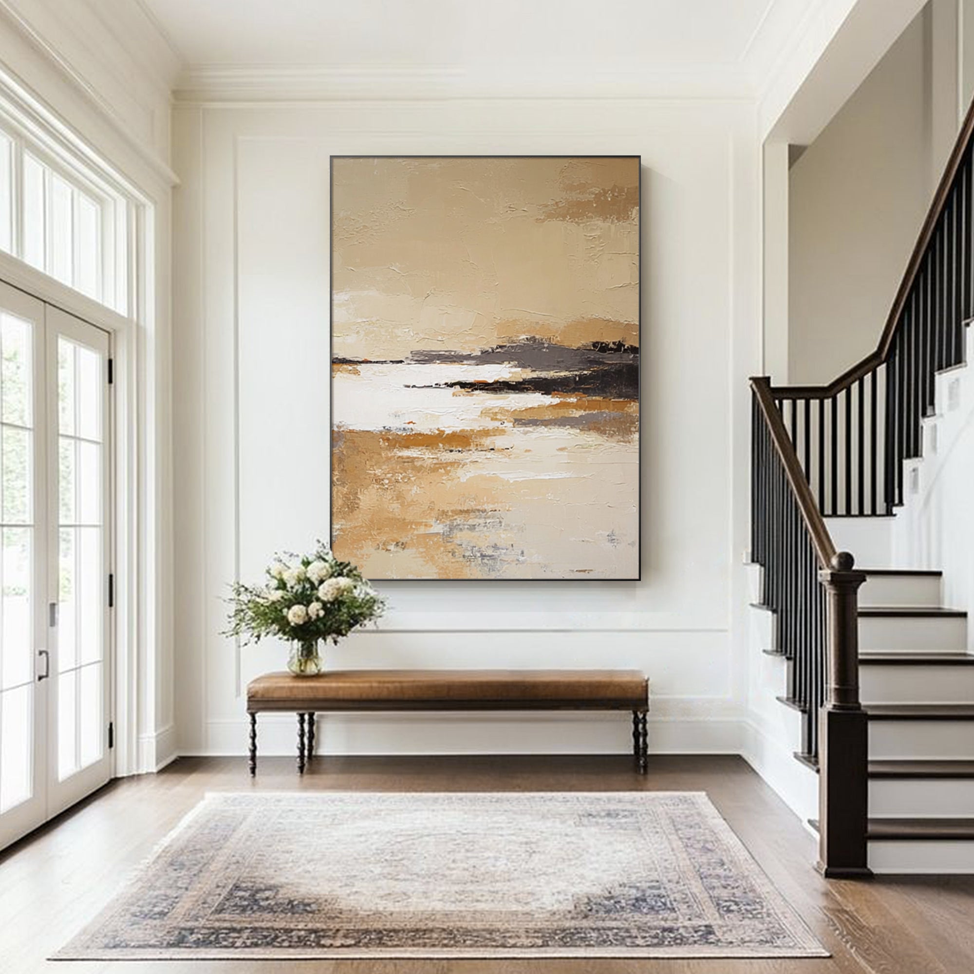 abstract landscape painting in warm tones in hallway space