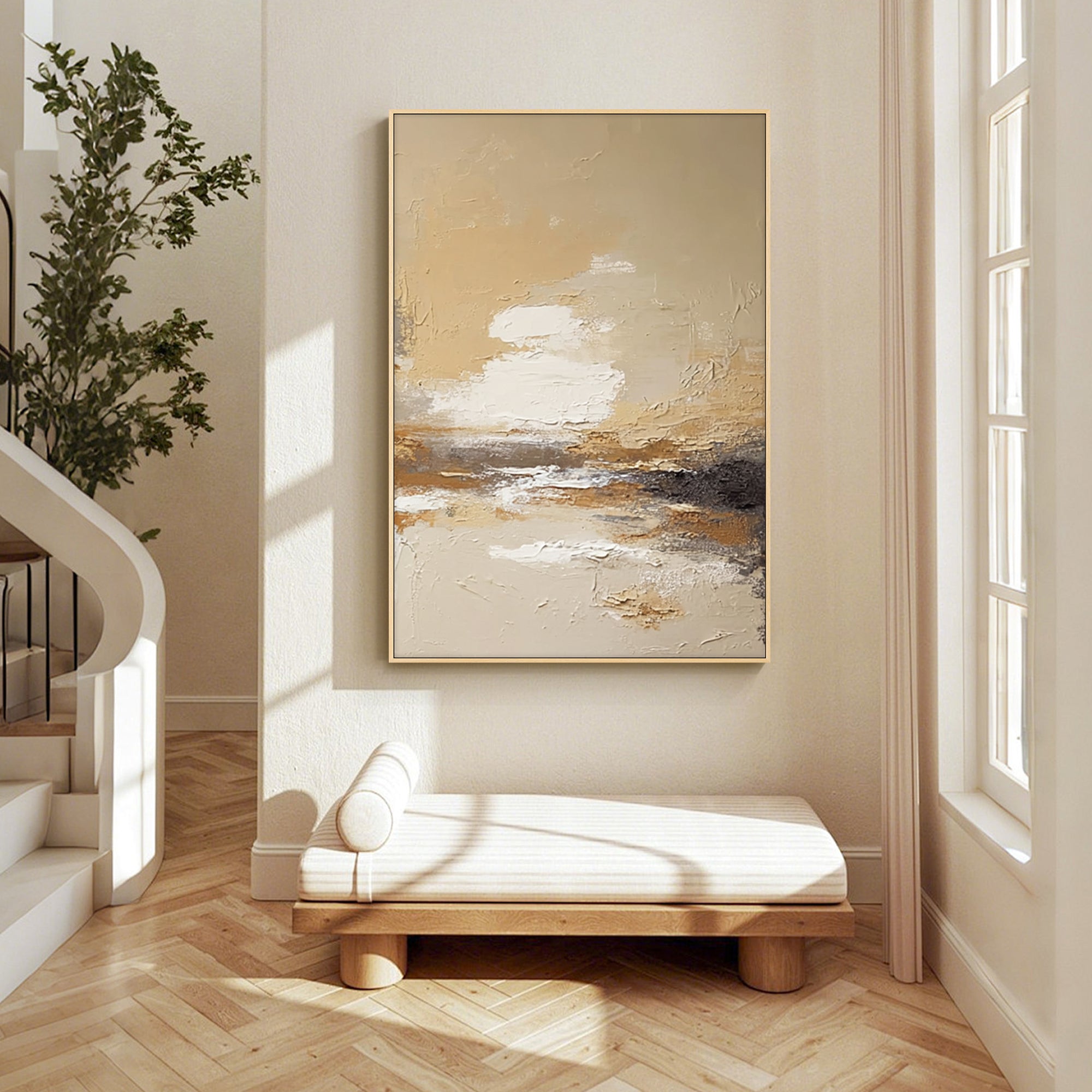 minimalist abstract wall art in cozy living room setting