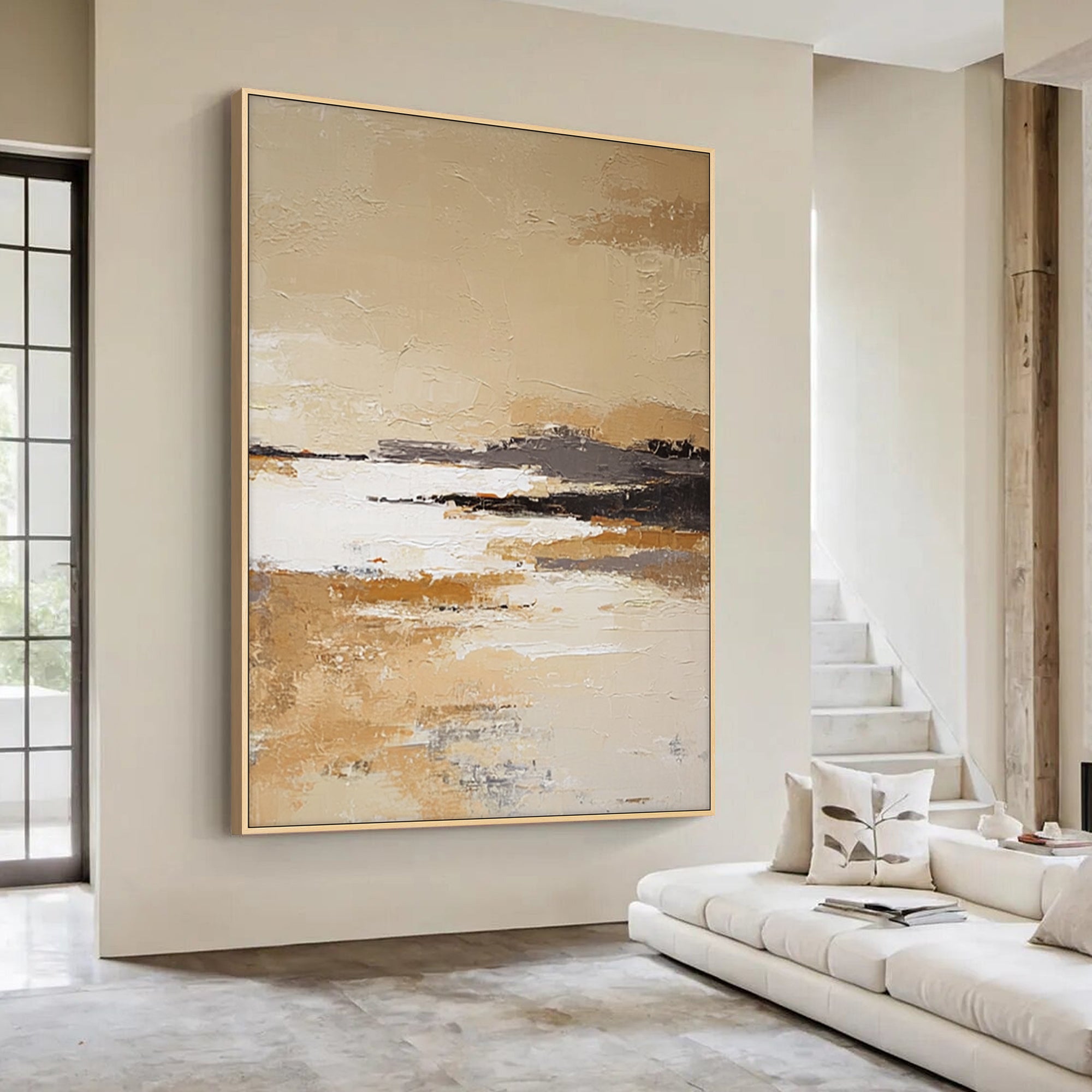 vertical hallway display with neutral abstract landscape wall art