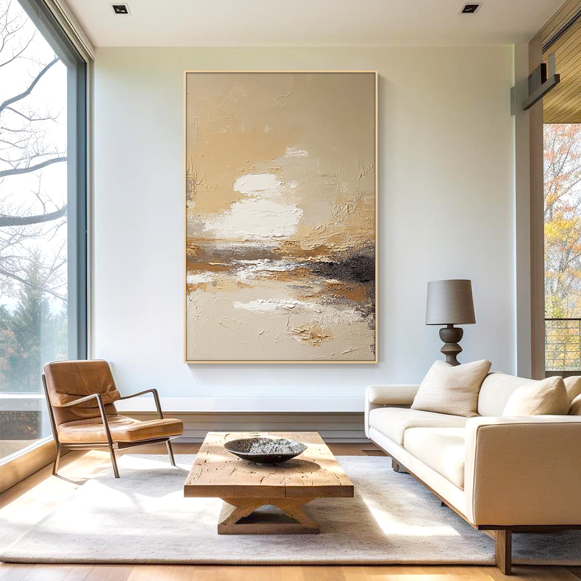 large neutral abstract landscape wall art in modern living room above sofa