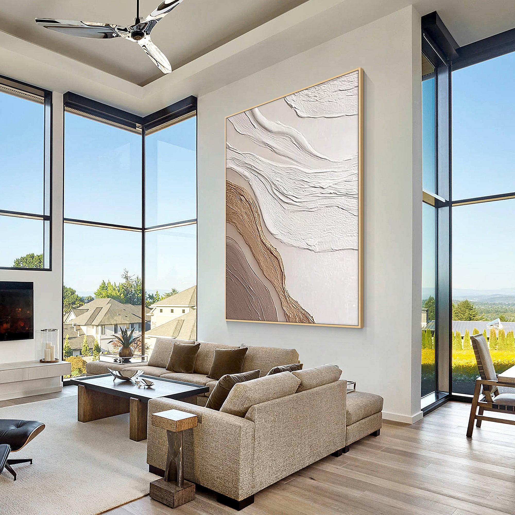 large neutral textured wall art above sofa in modern living room