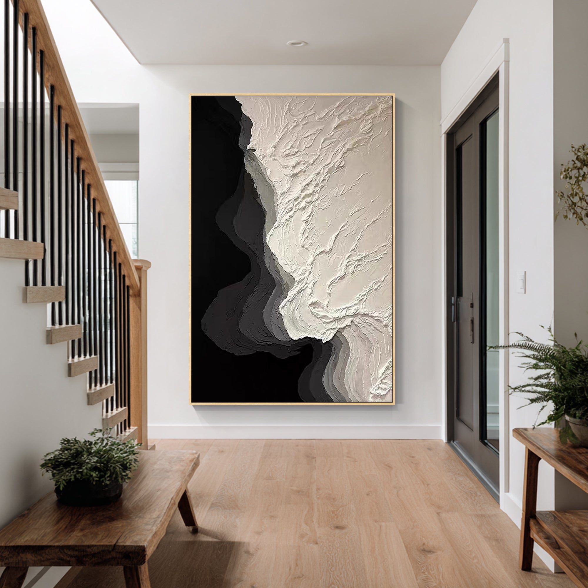abstract black white wall art in hallway interior design