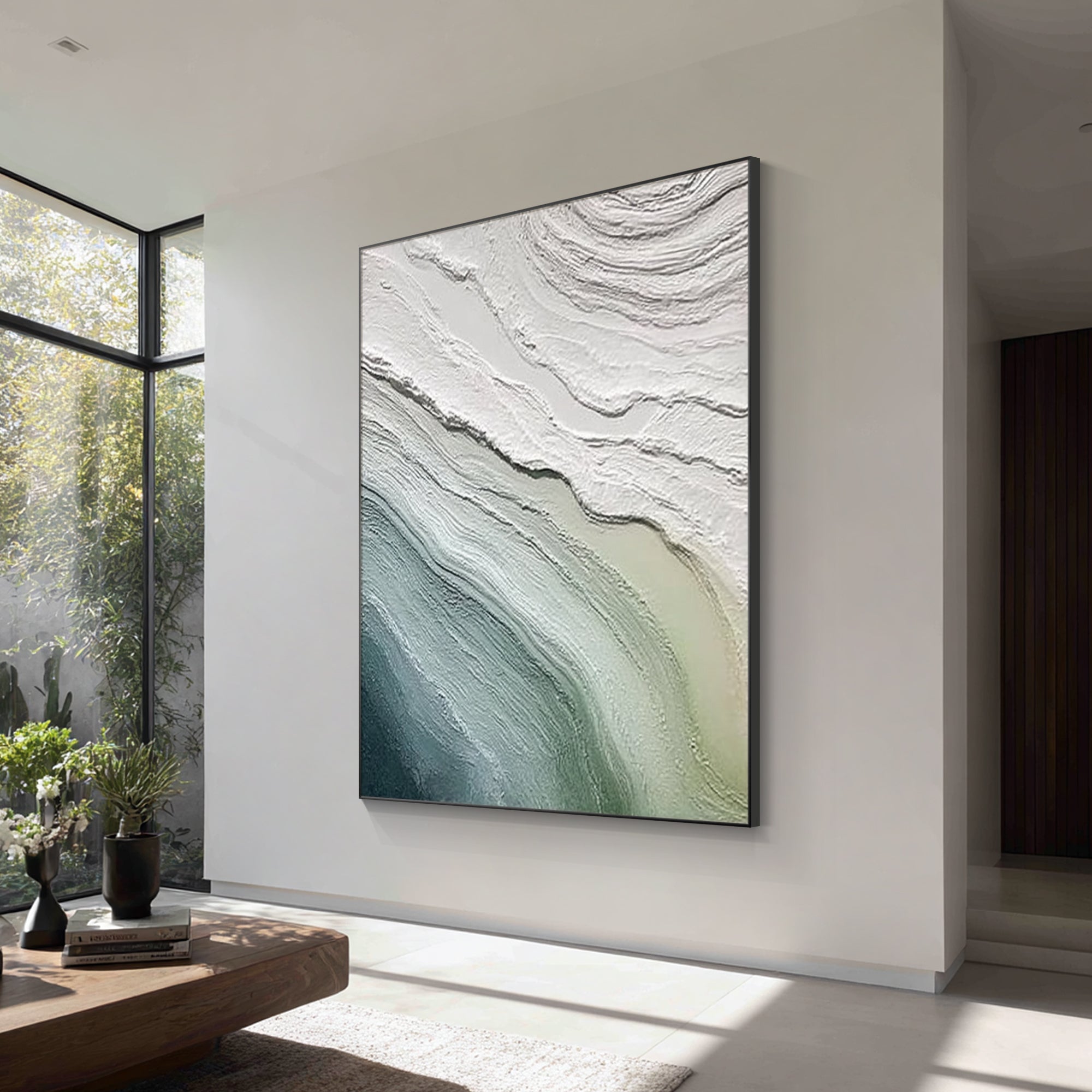 abstract ocean canvas artwork in hallway vertical wall space