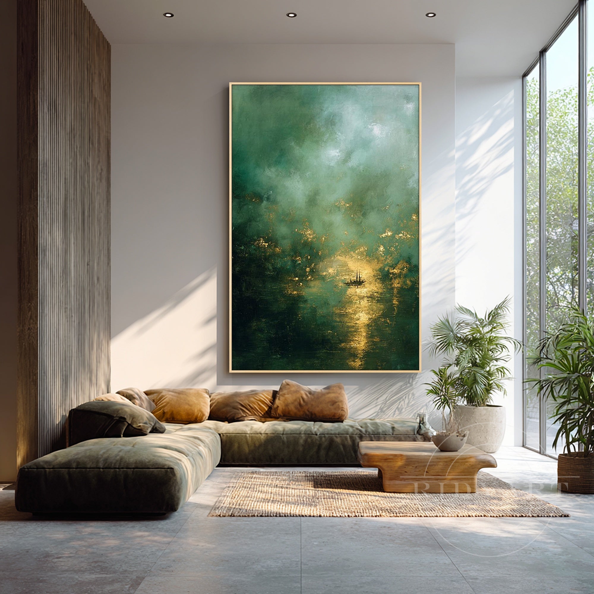 Large green textured canvas painting inspired by natural landscapes and organic forms