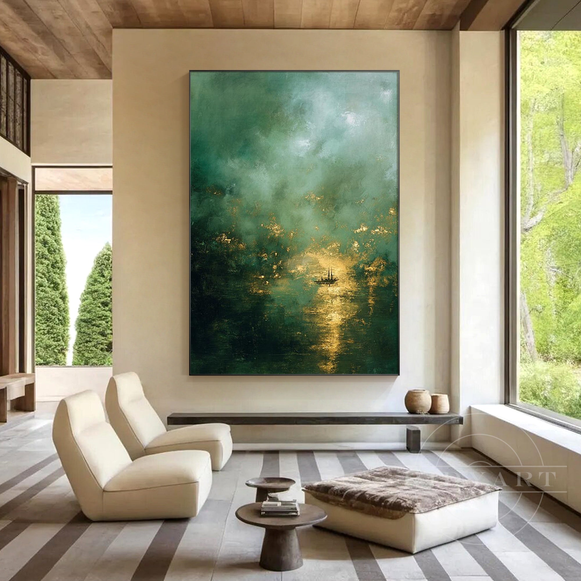 Contemporary dark green abstract artwork with rich layered tones for neutral interior decor