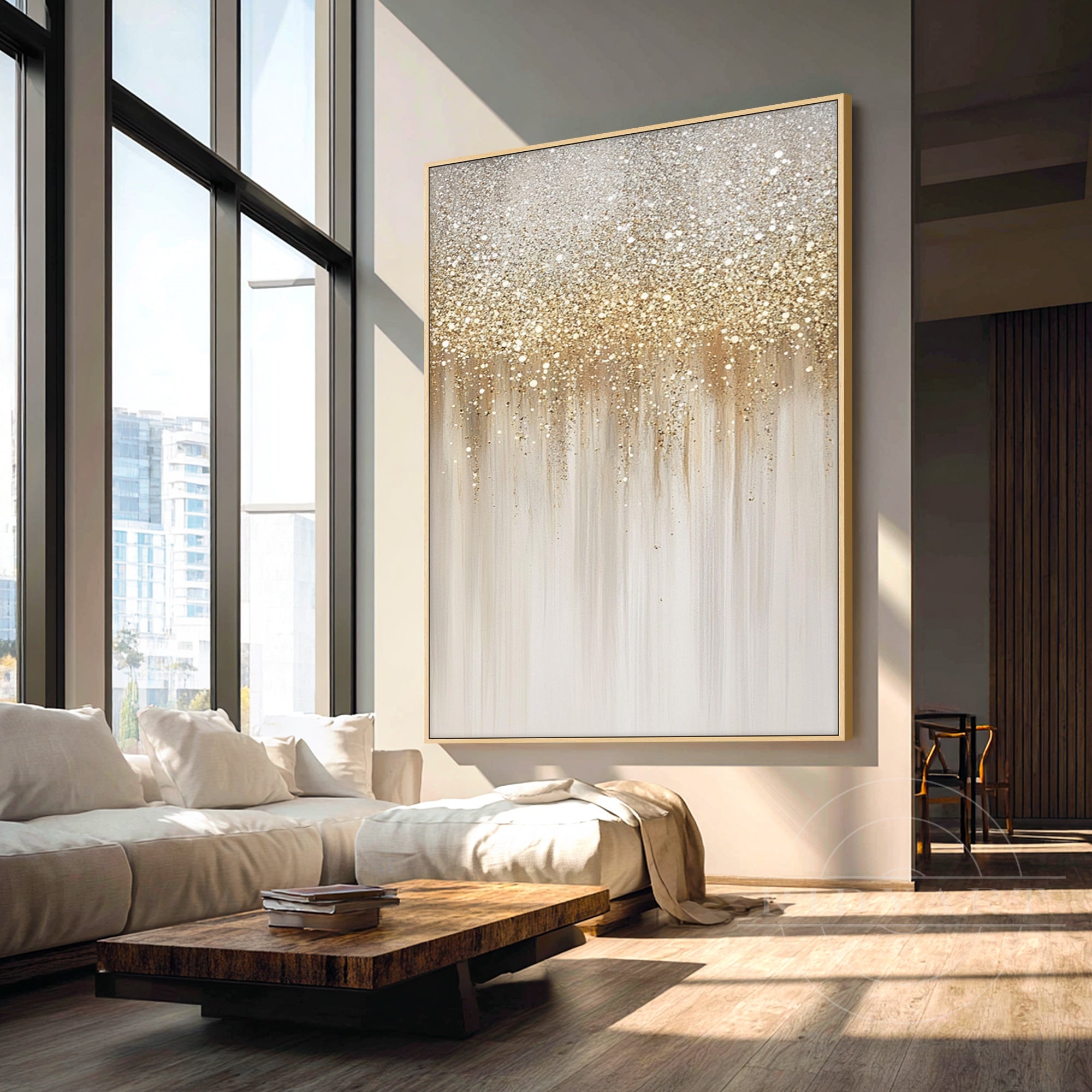 Hand-painted beige abstract painting with layered gold texture for minimalist home decor