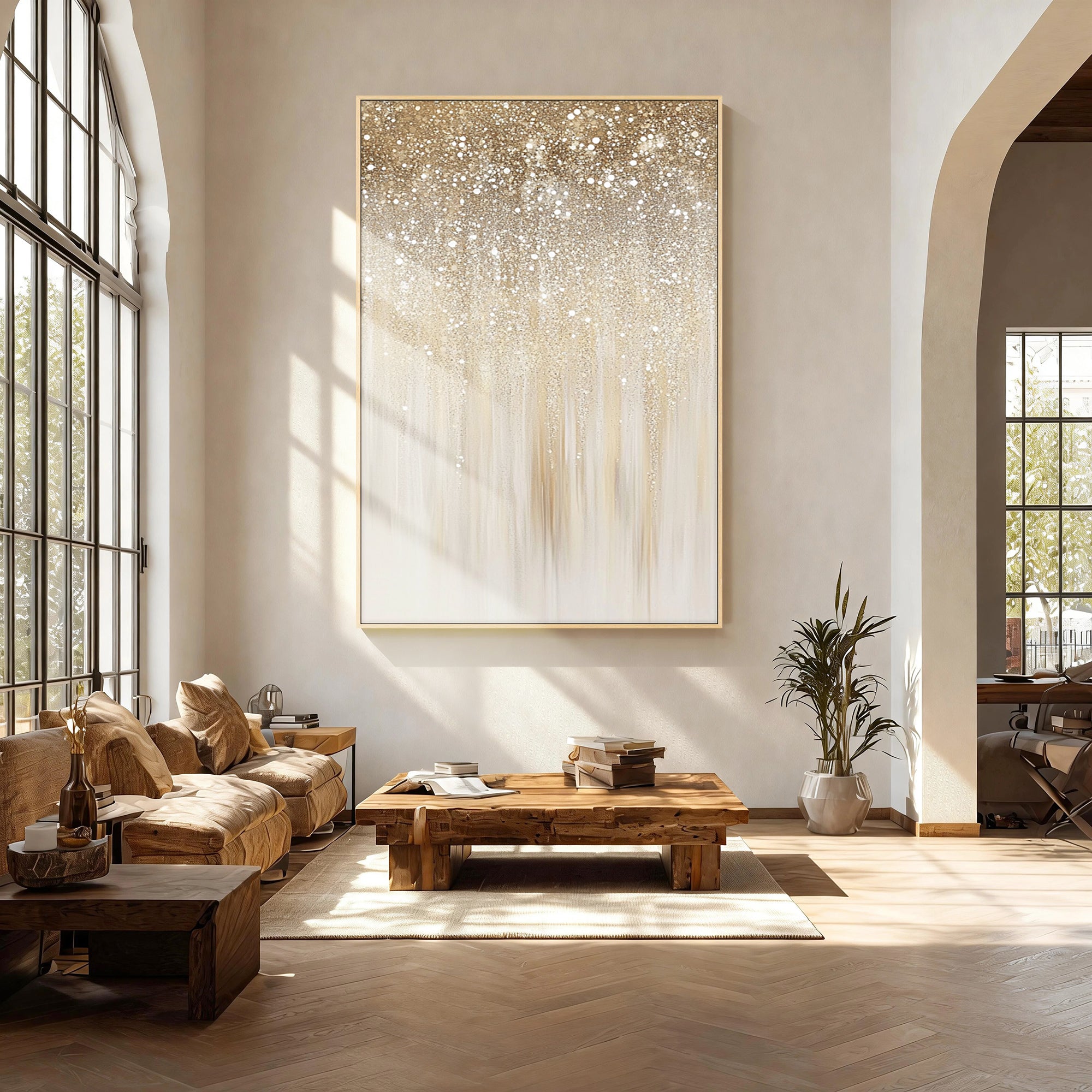Champagne gold abstract wall art with layered neutral texture in modern living room