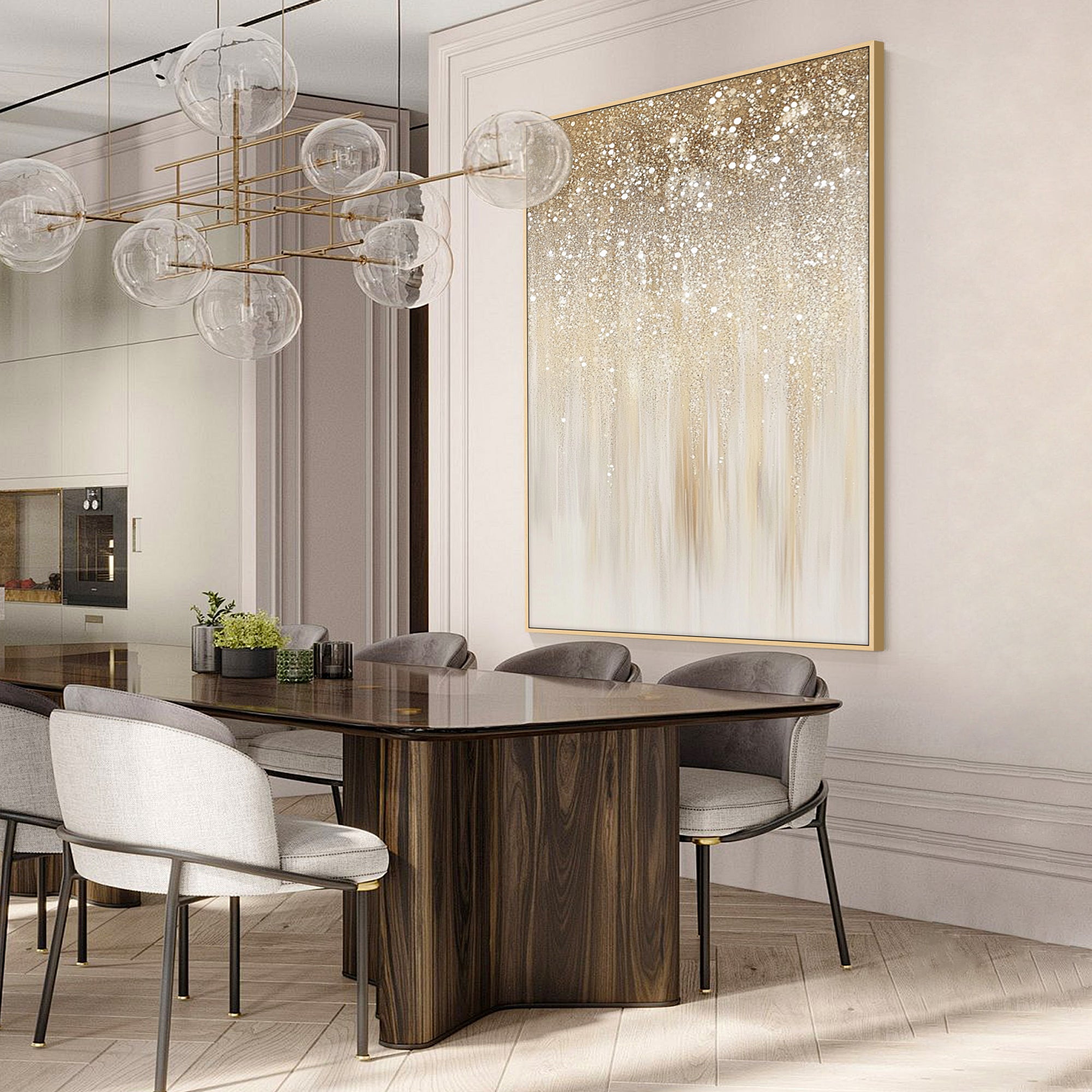 Hand-painted ivory and gold abstract canvas above beige sofa in contemporary interior