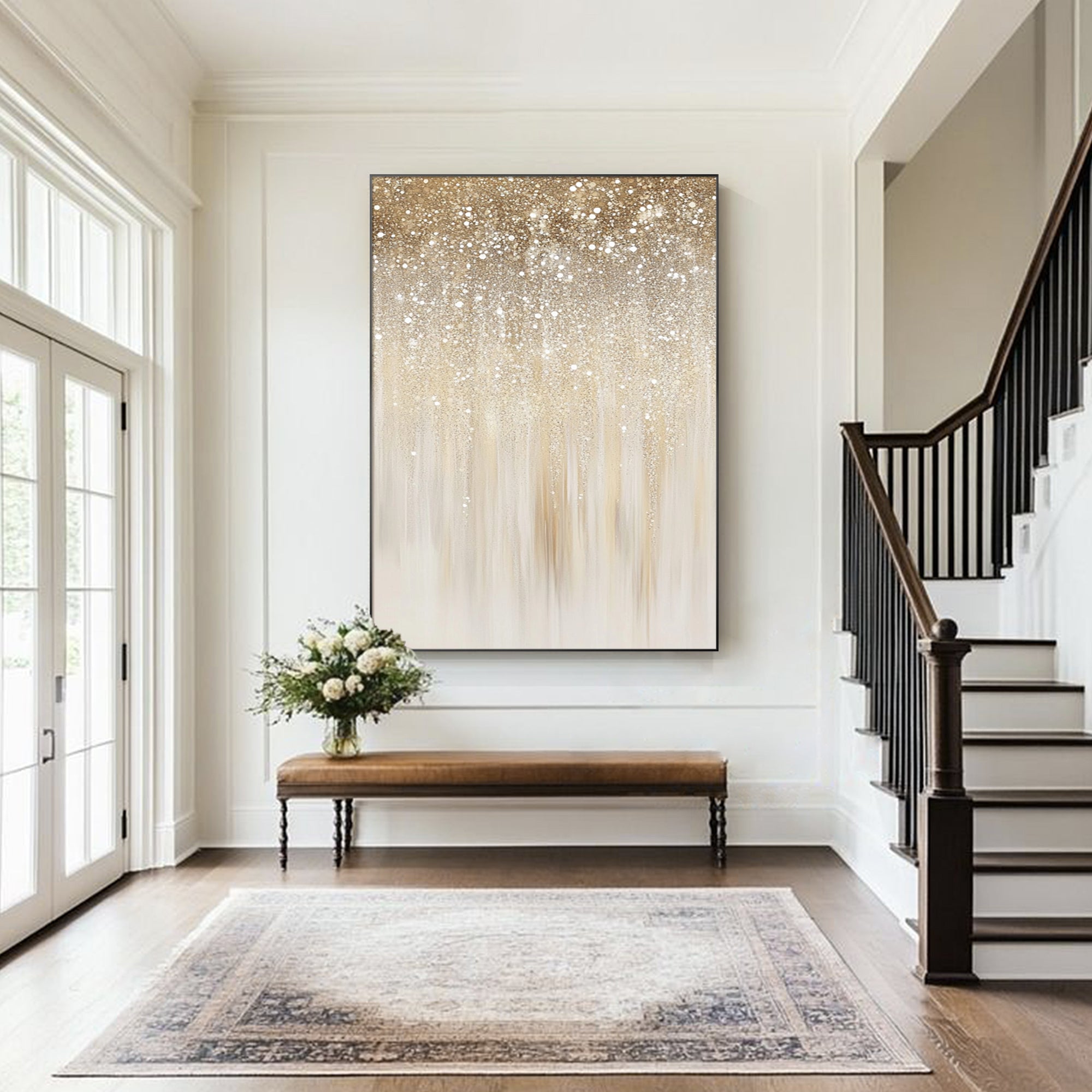 Large neutral textured wall art with champagne shimmer for minimalist bedroom decor