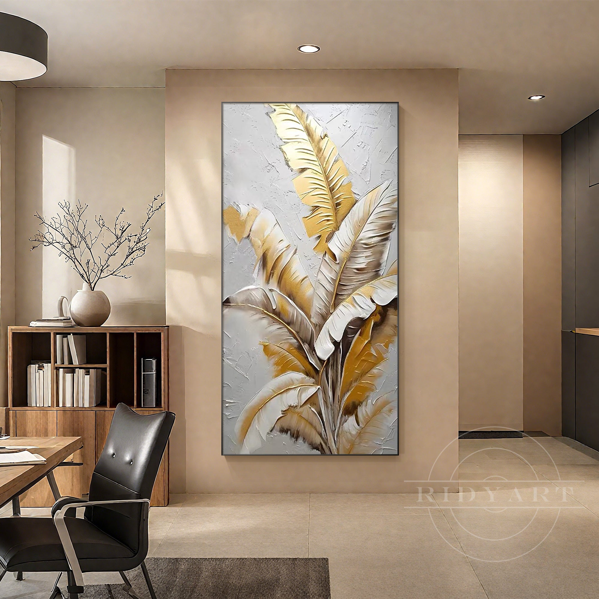 Textured tropical leaf canvas decor on white wall