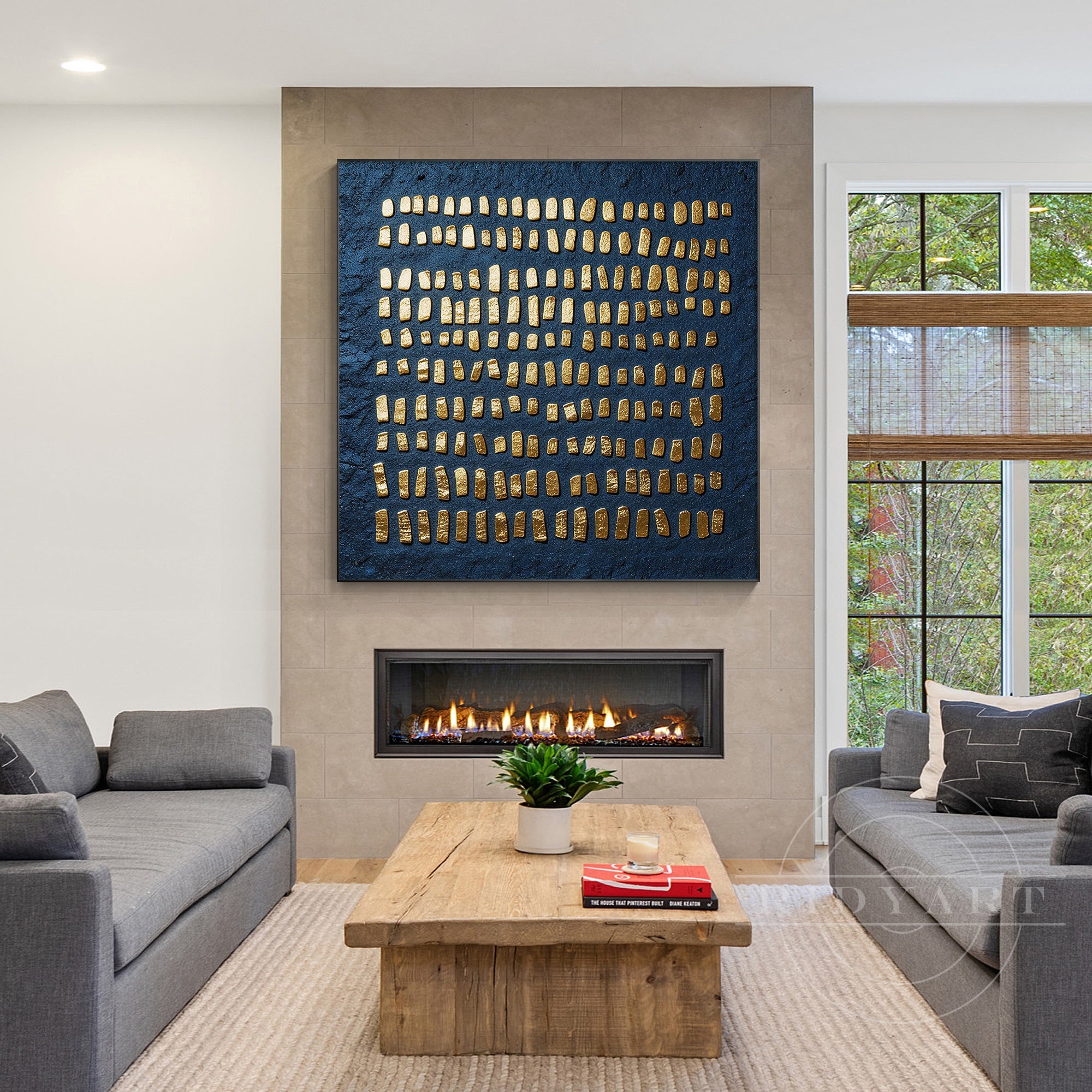 Large hand painted blue and gold contemporary artwork