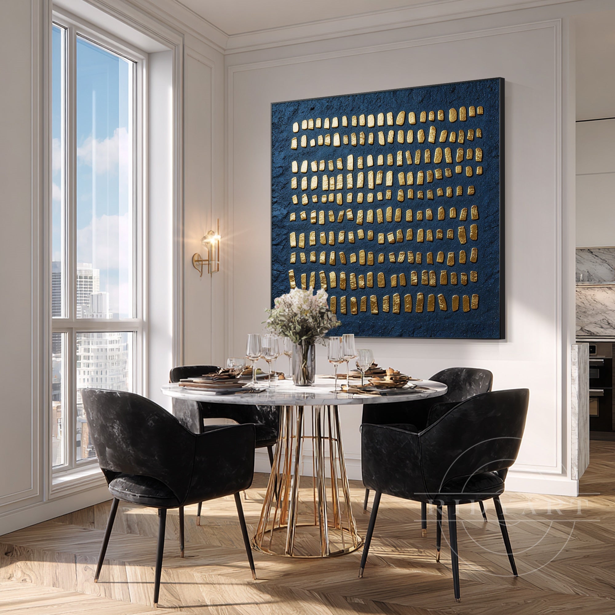 Modern gold leaf abstract painting on dark blue canvas