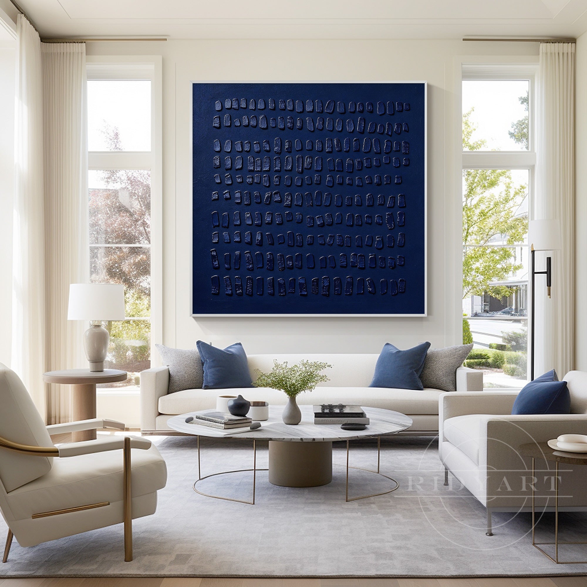 3D textured abstract canvas painting in dark blue