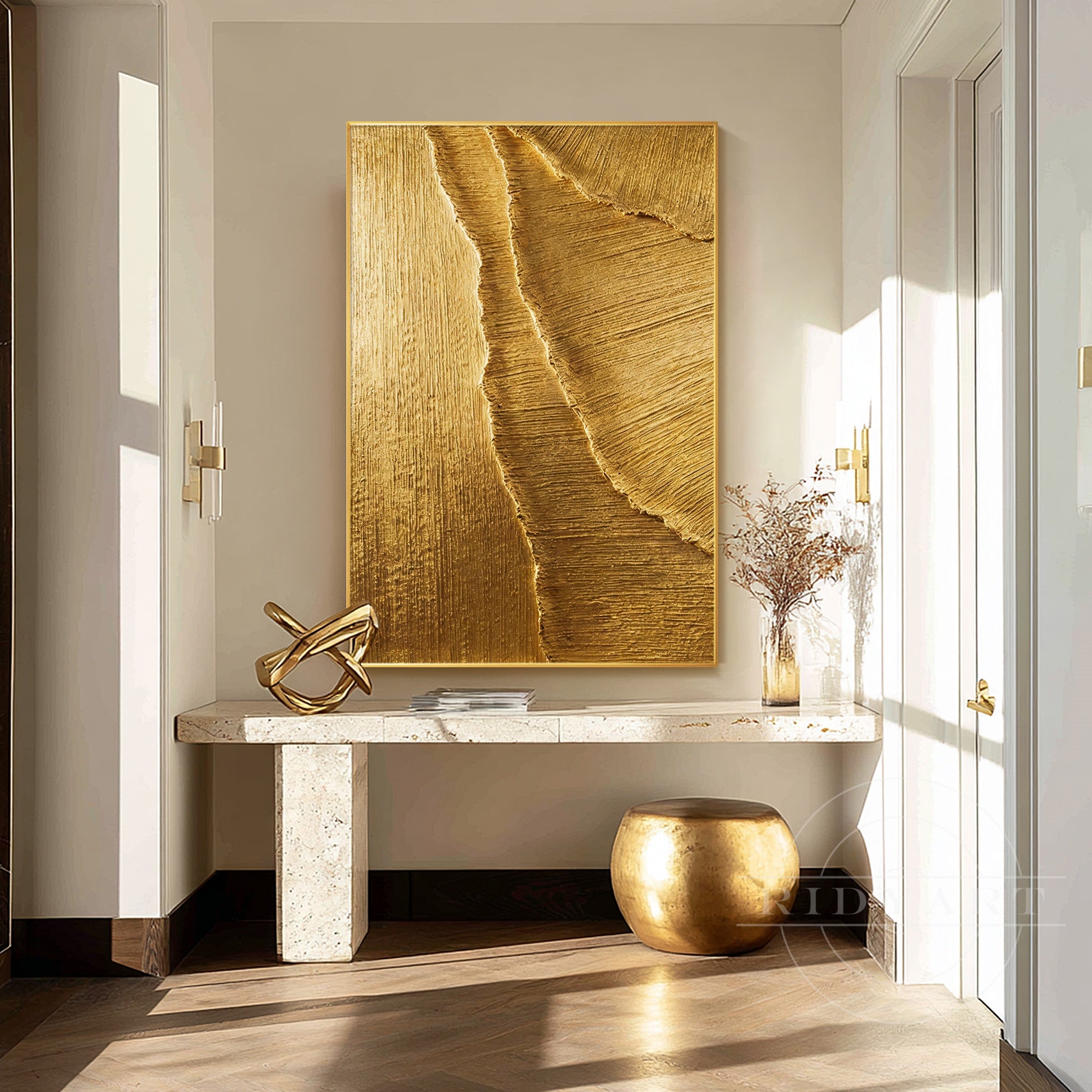 Gold textured abstract wall art in gold frame