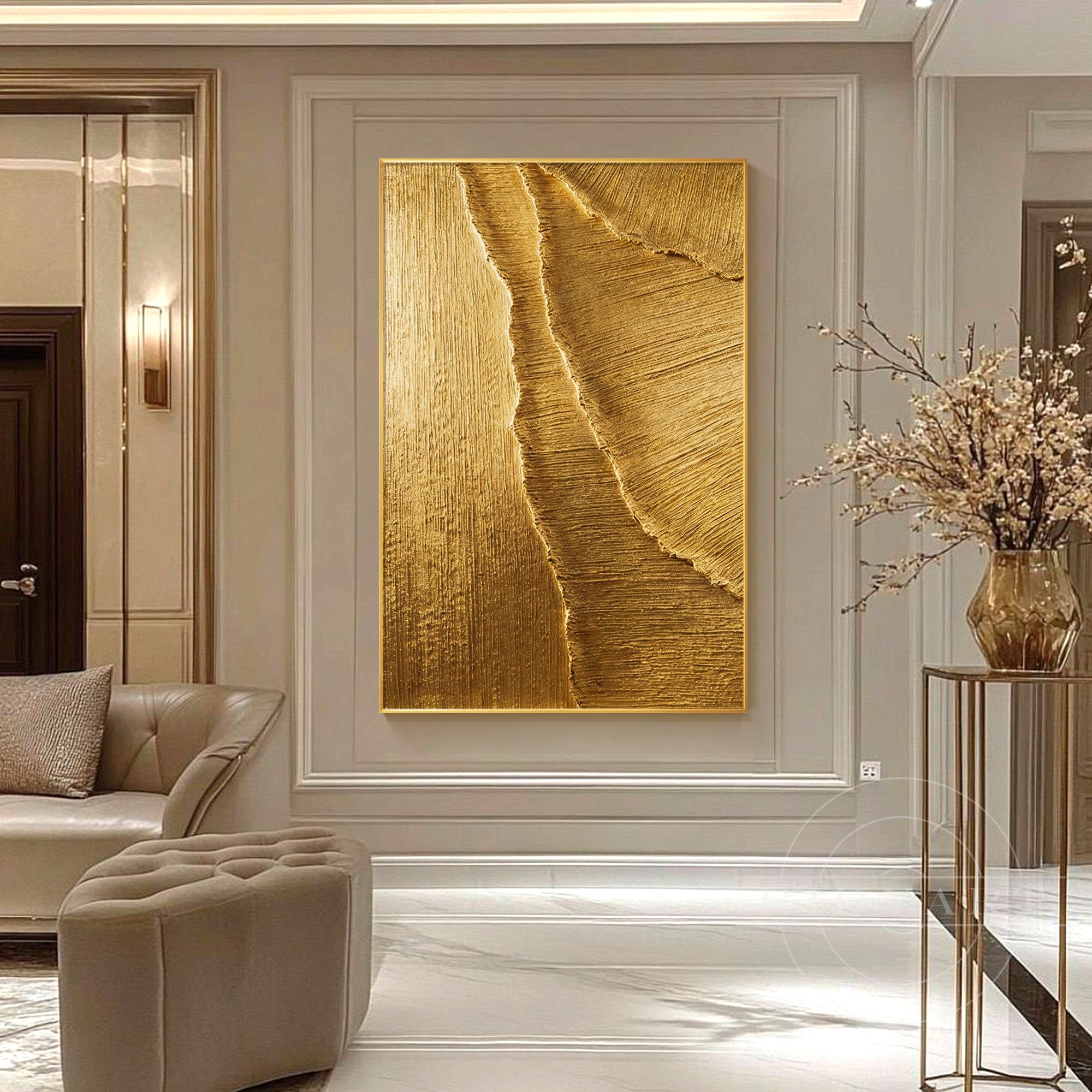 Large vertical gold metallic canvas painting
