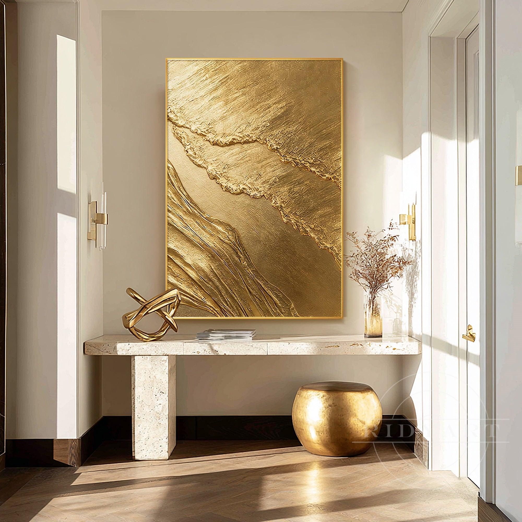 Large vertical gold metallic canvas painting