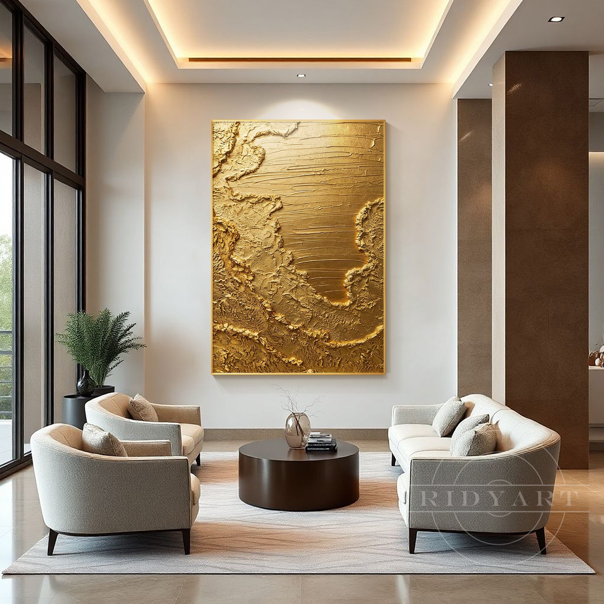 Hand painted gold textured canvas wall art close up